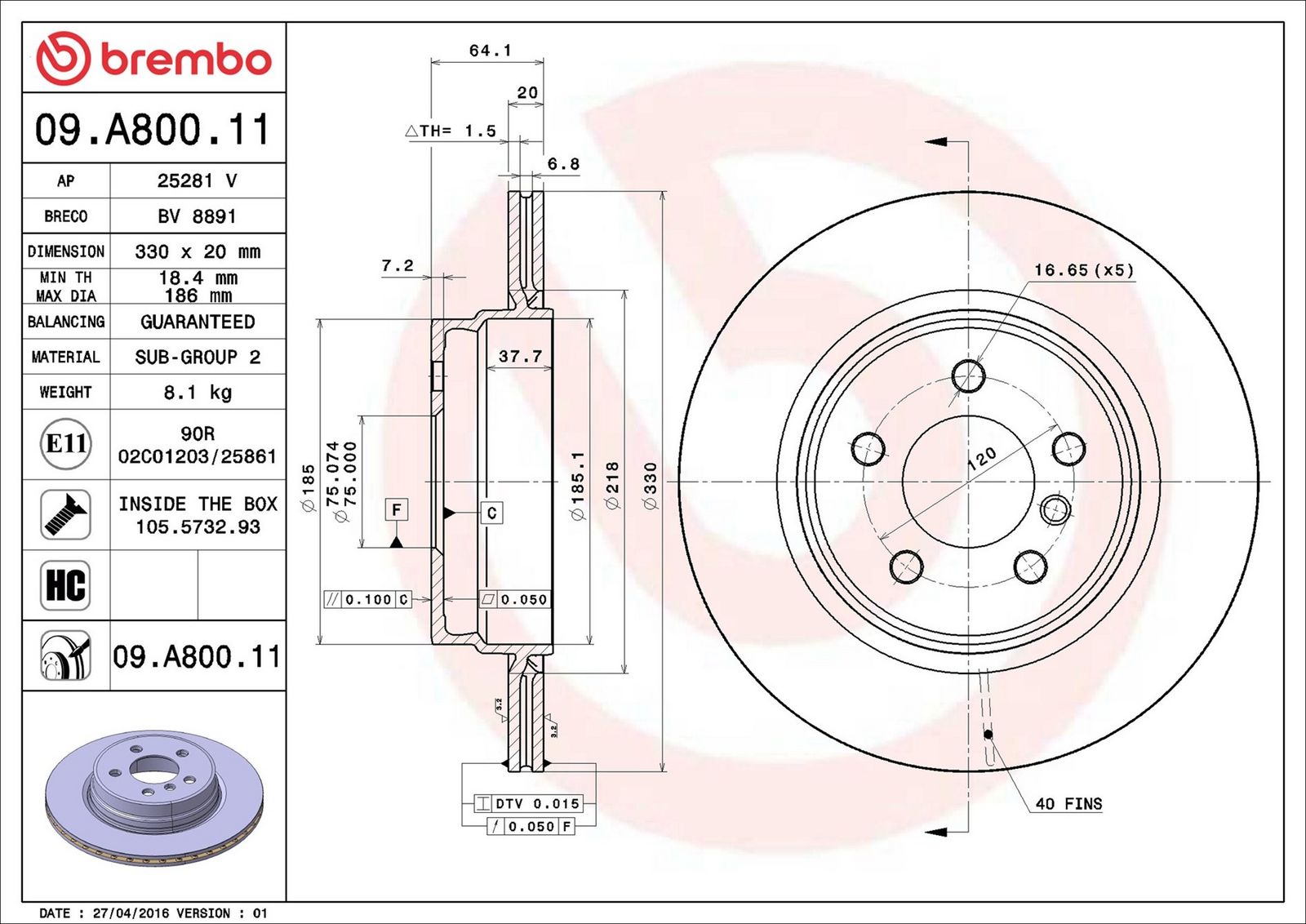 BREMBO 09.A800.11 - Bremsscheibe
