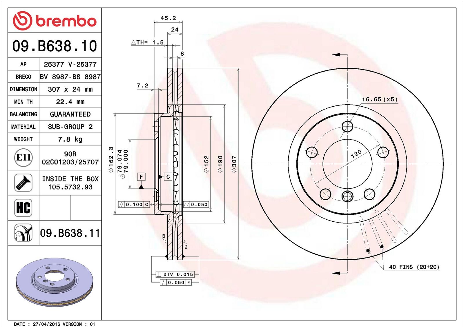 BREMBO 09.B638.11 - Bremsscheibe