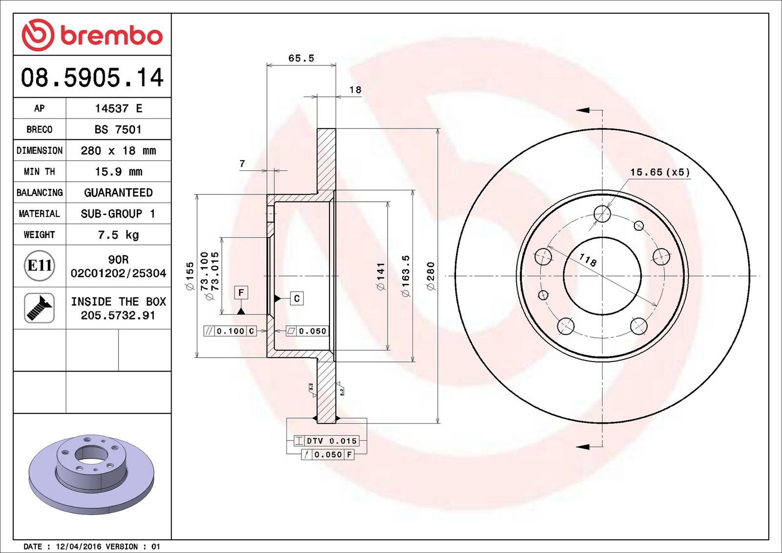 BREMBO 08.5905.14 - Bremsscheibe