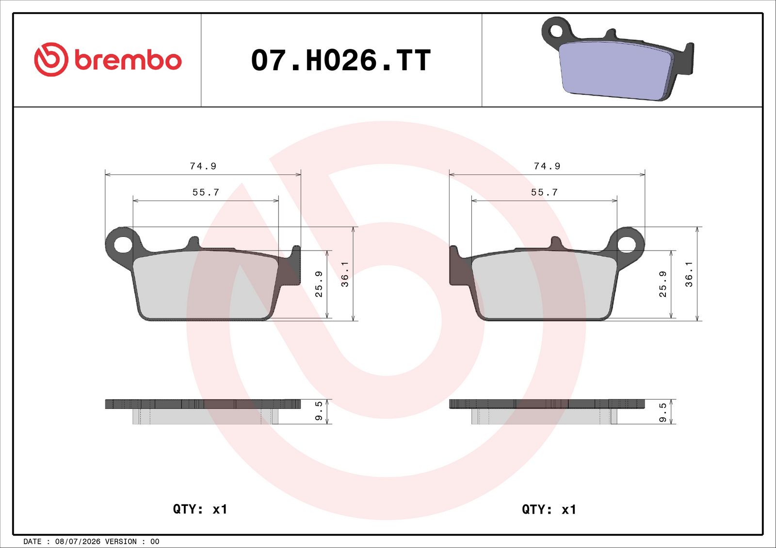BREMBO 07HO26TT - Bremsbelagsatz, Scheibenbremse