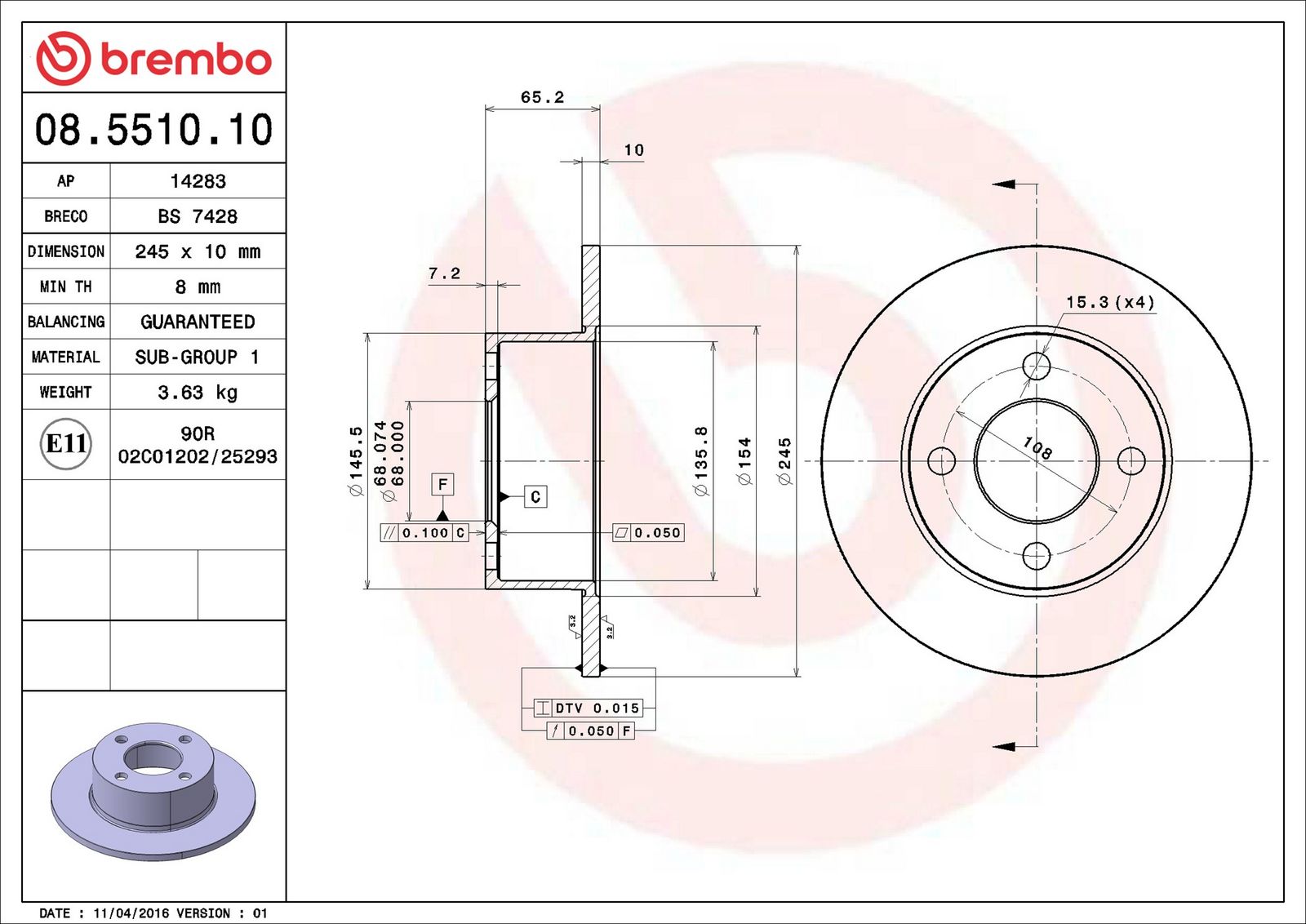 BREMBO 08.5510.10 - Bremsscheibe