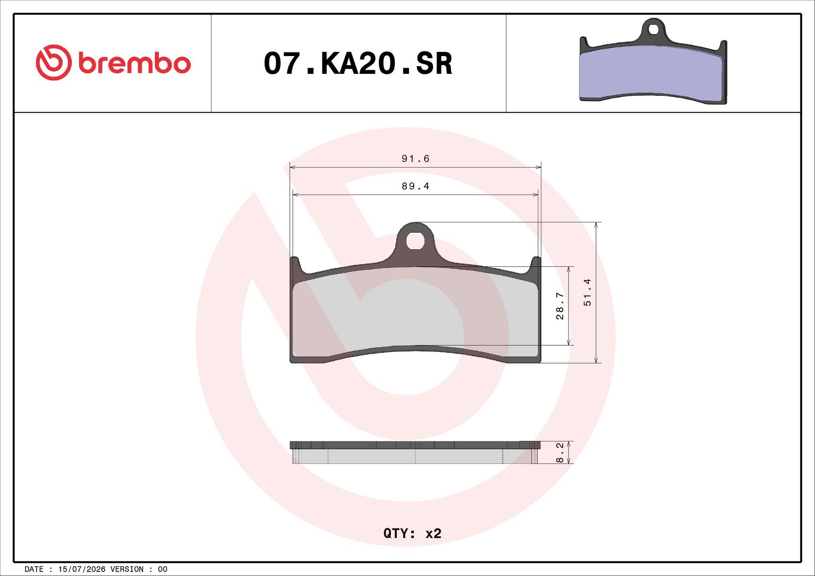 BREMBO 07KA20SR - Bremsbelagsatz, Scheibenbremse