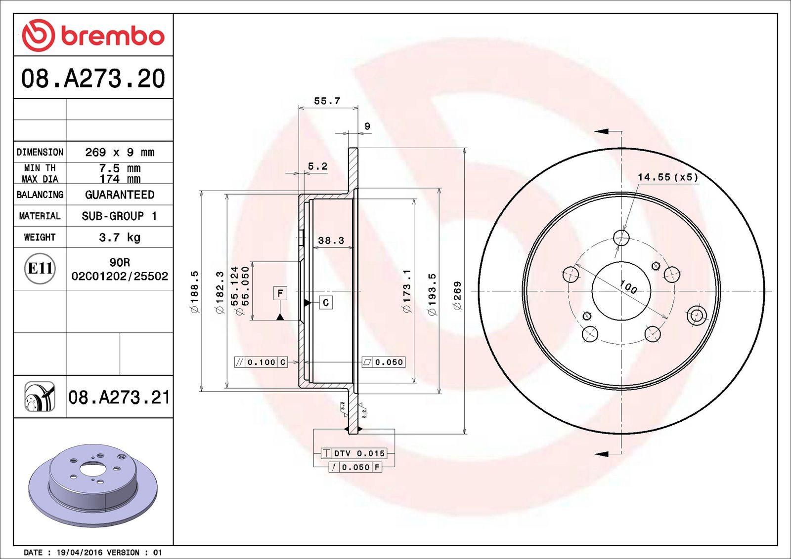 BREMBO 08.A273.21 - Bremsscheibe