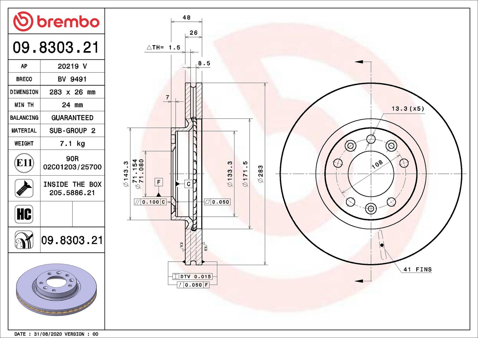 BREMBO 09.8303.21 - Bremsscheibe