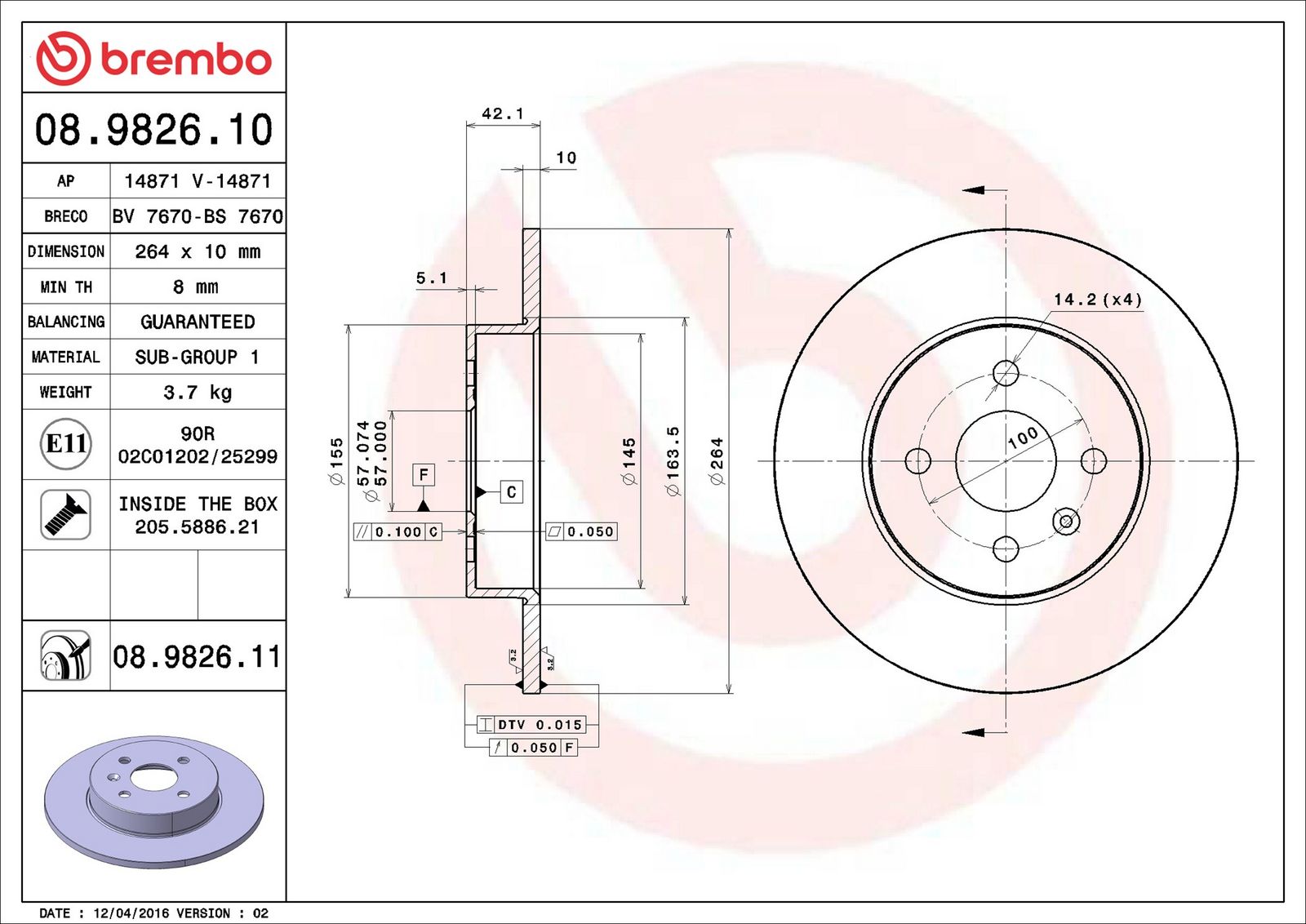BREMBO 08.9826.11 - Bremsscheibe