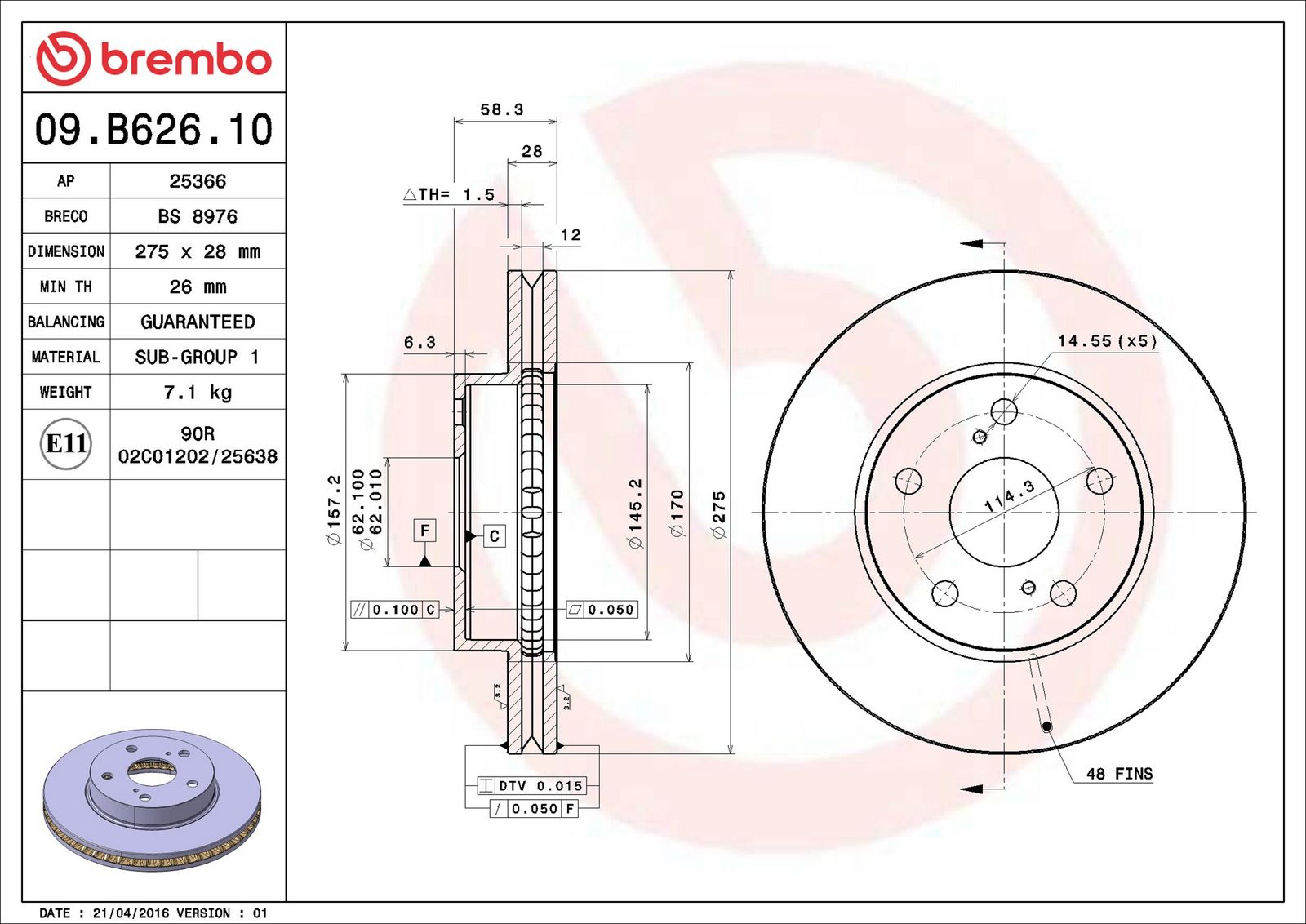 BREMBO 09.B626.10 - Bremsscheibe