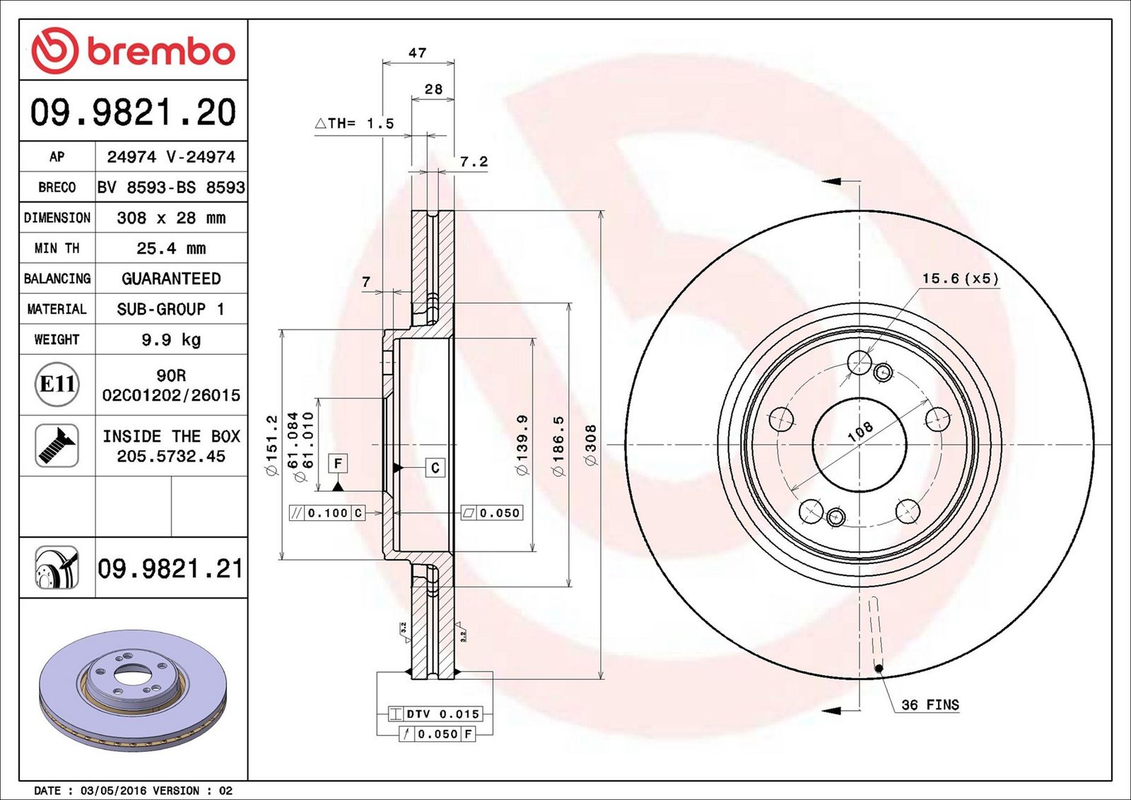 BREMBO 09.9821.21 - Bremsscheibe