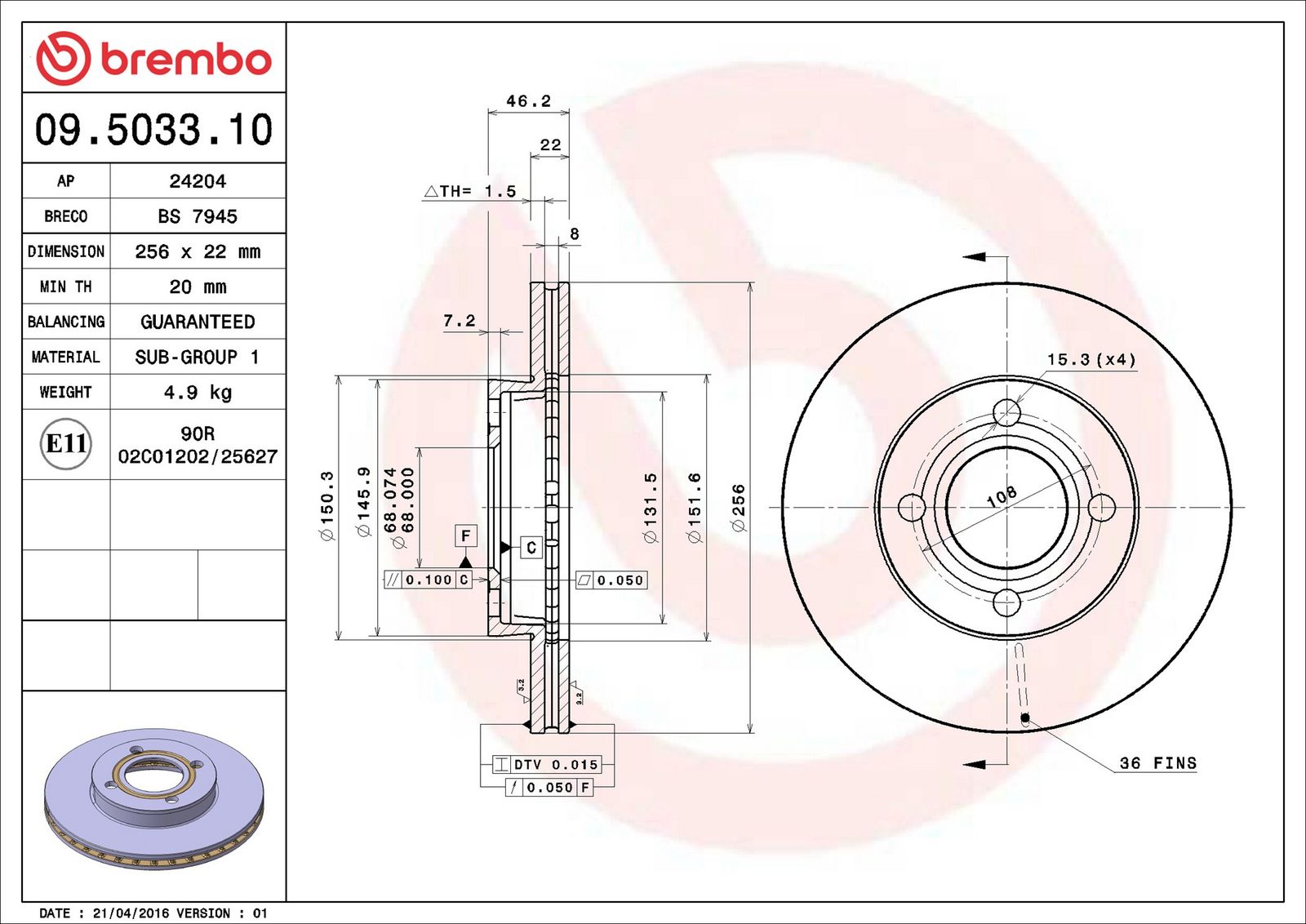 BREMBO 09.5033.10 - Bremsscheibe