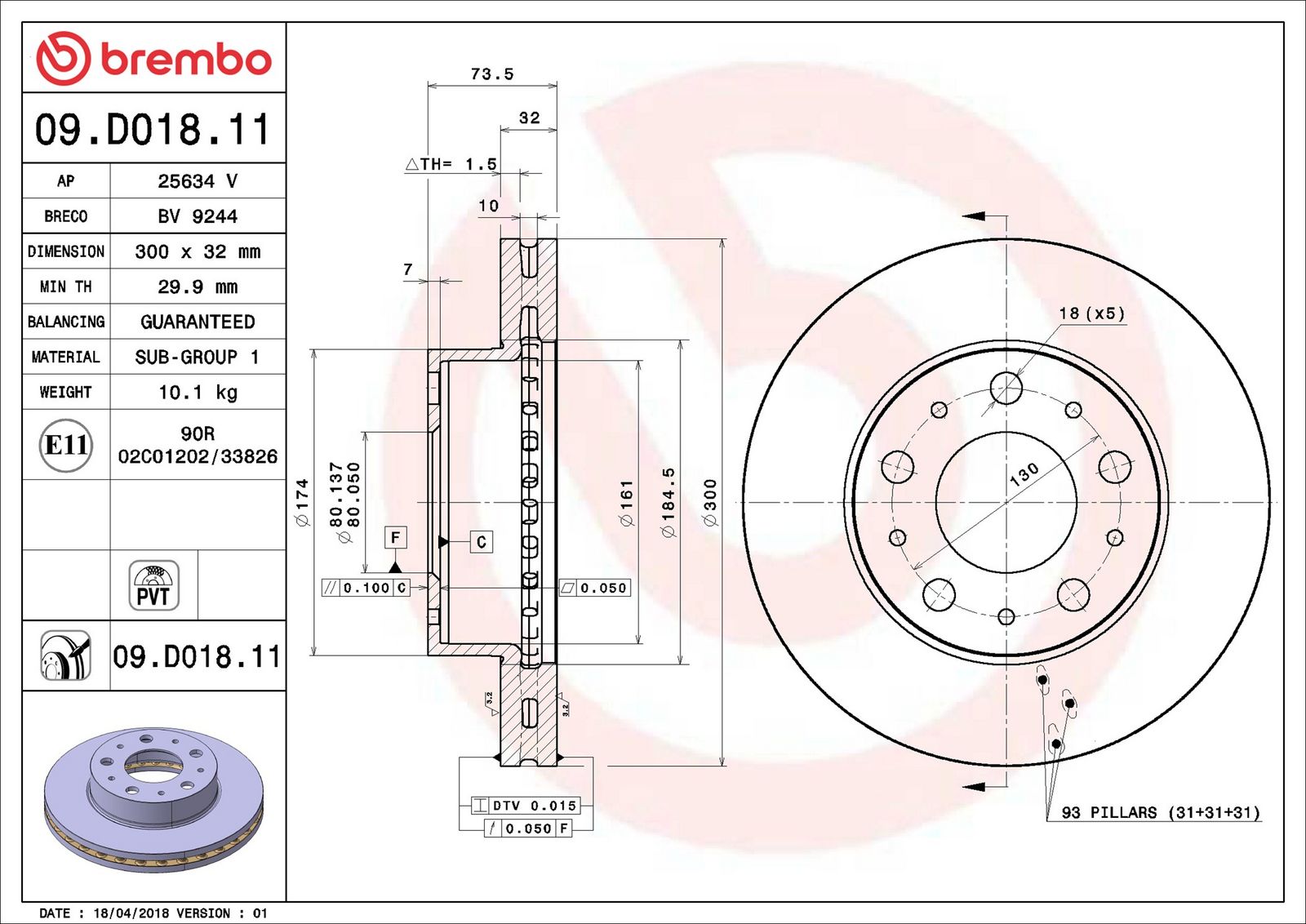 BREMBO 09.D018.11 - Bremsscheibe