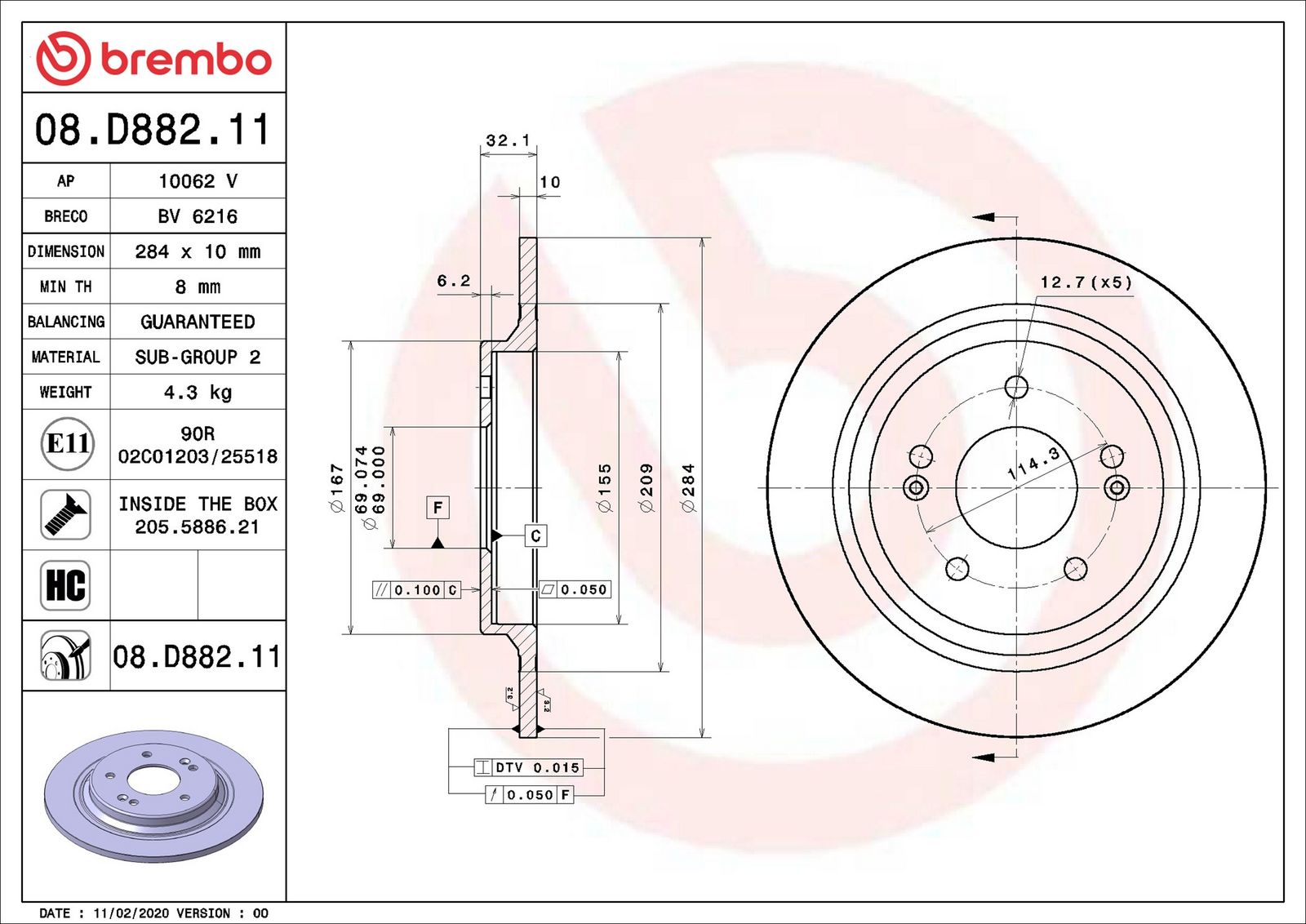 BREMBO 08.D882.11 - Bremsscheibe