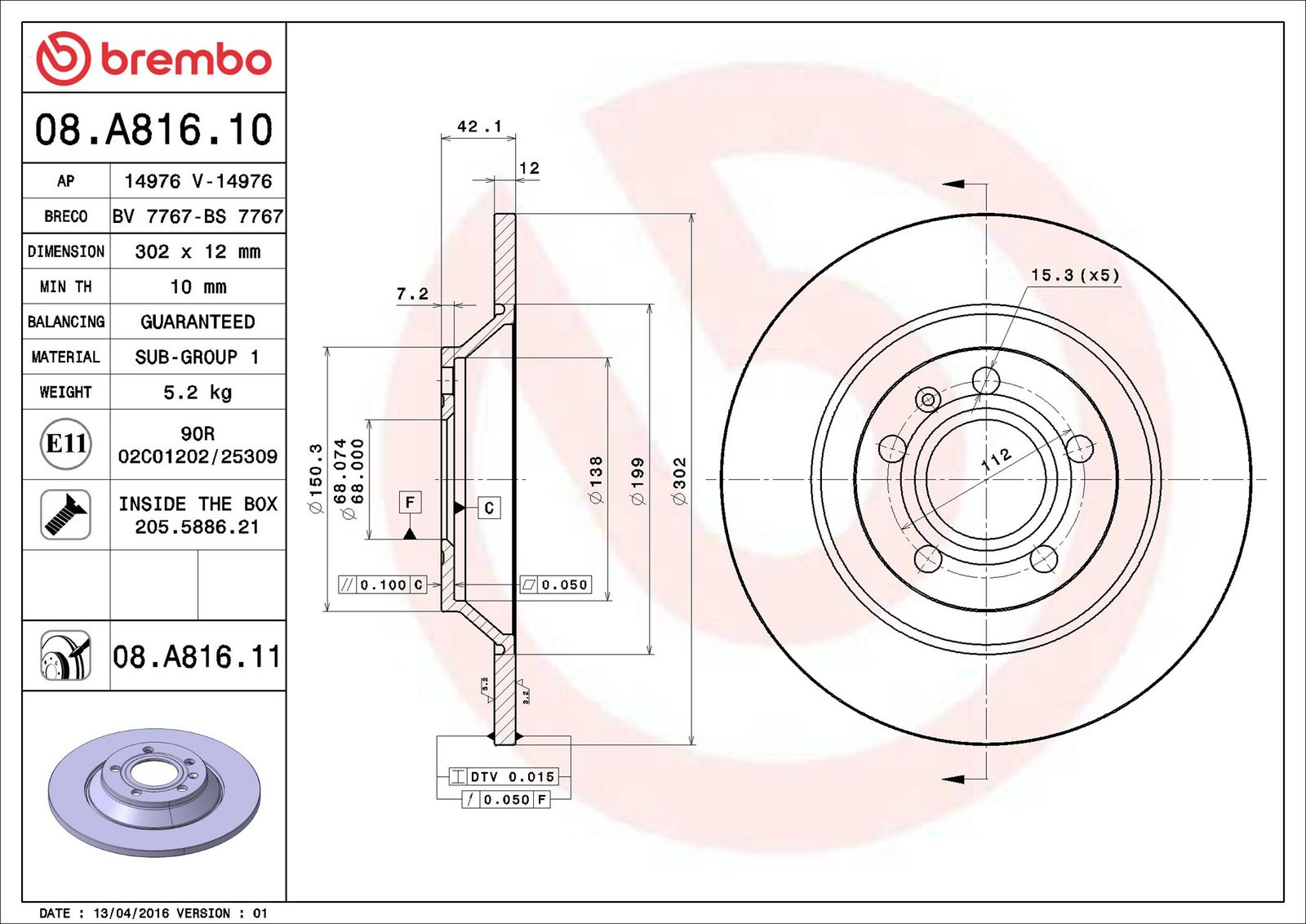 BREMBO 08.A816.11 - Bremsscheibe