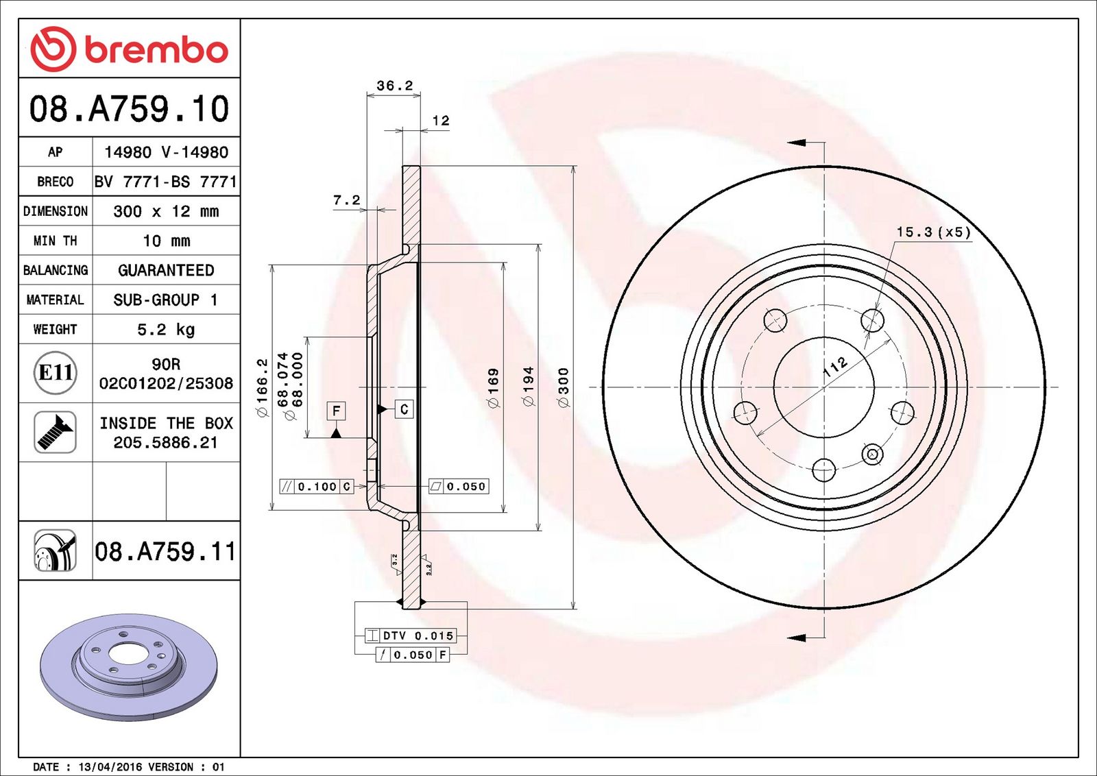 BREMBO 08.A759.11 - Bremsscheibe