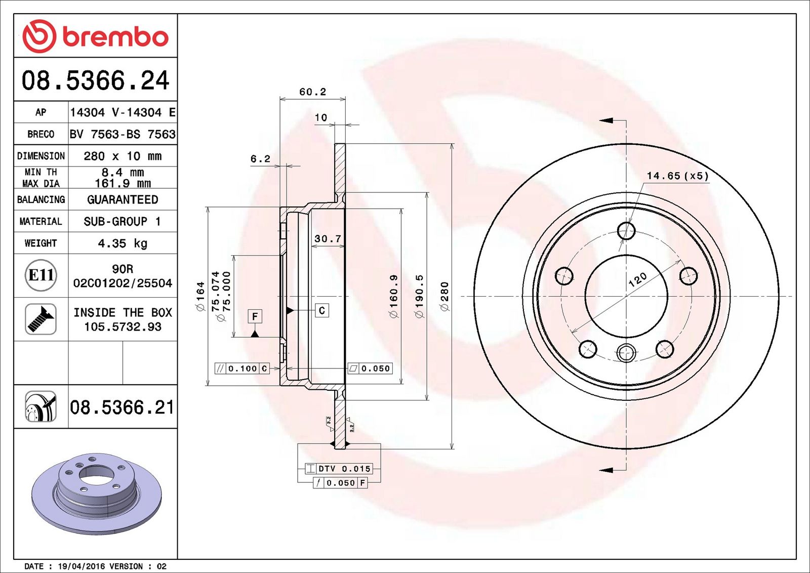 BREMBO 08.5366.21 - Bremsscheibe