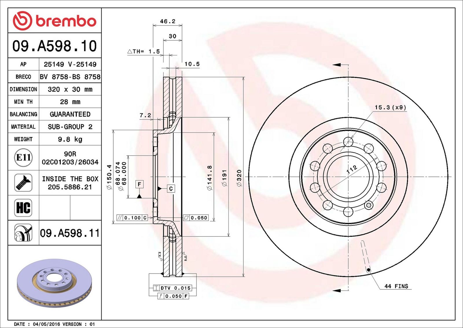 BREMBO 09.A598.11 - Bremsscheibe