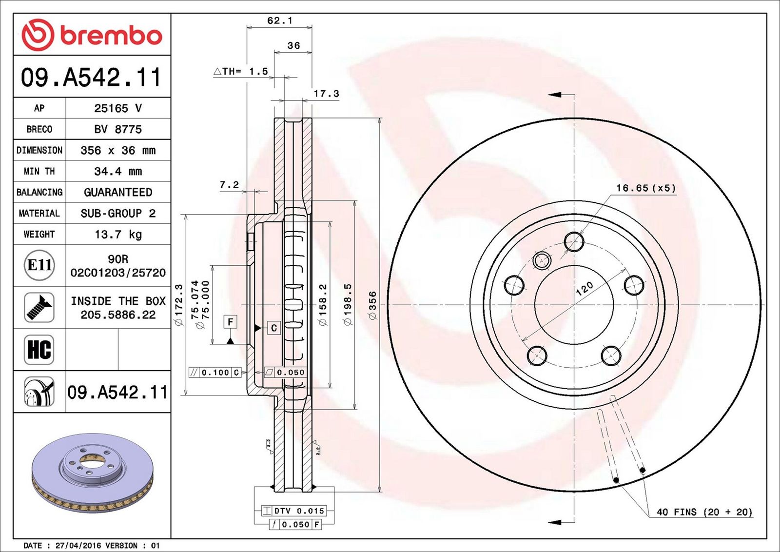 BREMBO 09.A542.11 - Bremsscheibe