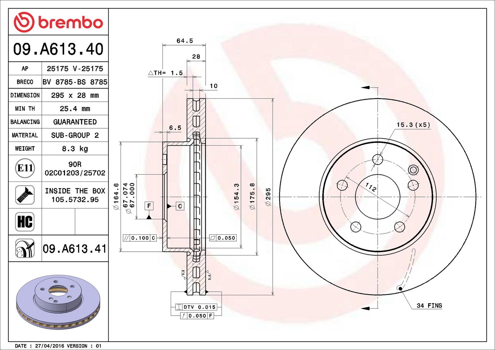 BREMBO 09.A613.41 - Bremsscheibe