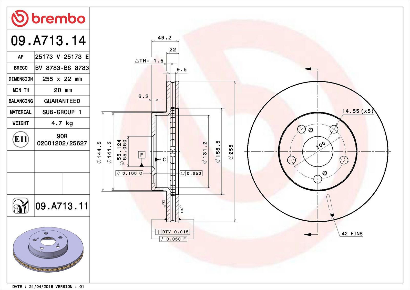 BREMBO 09.A713.11 - Bremsscheibe