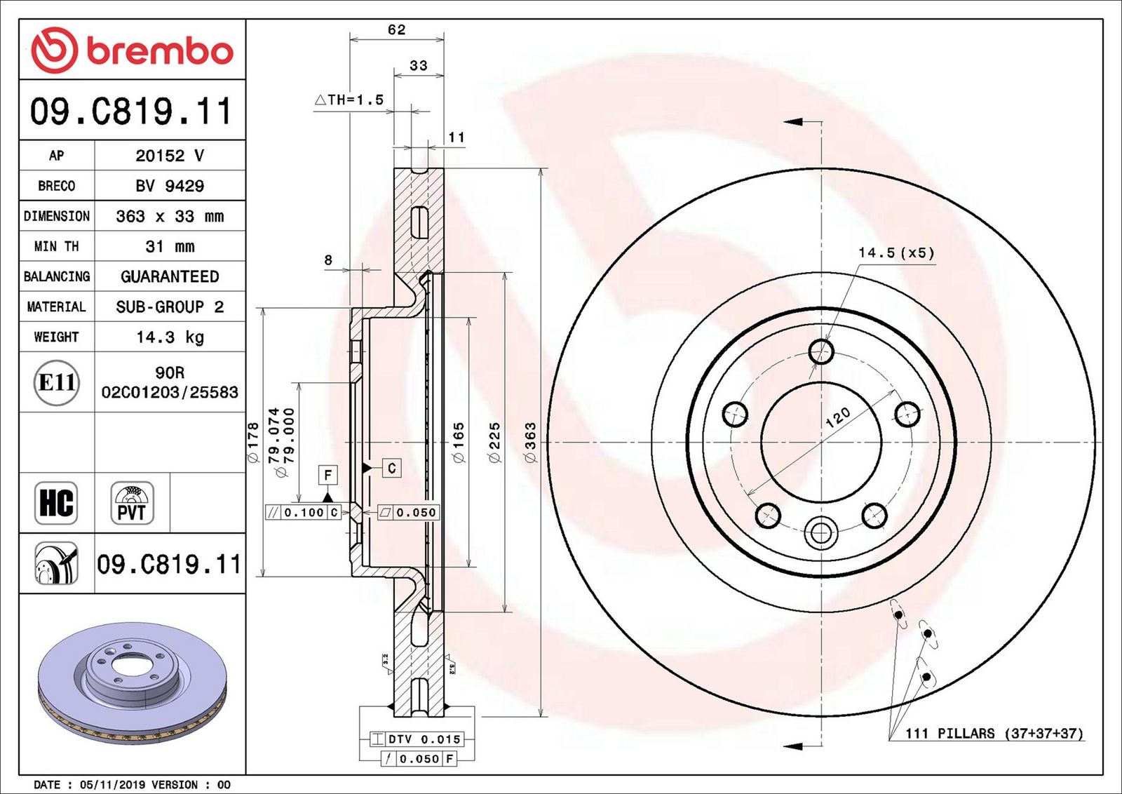 BREMBO 09.C819.11 - Bremsscheibe