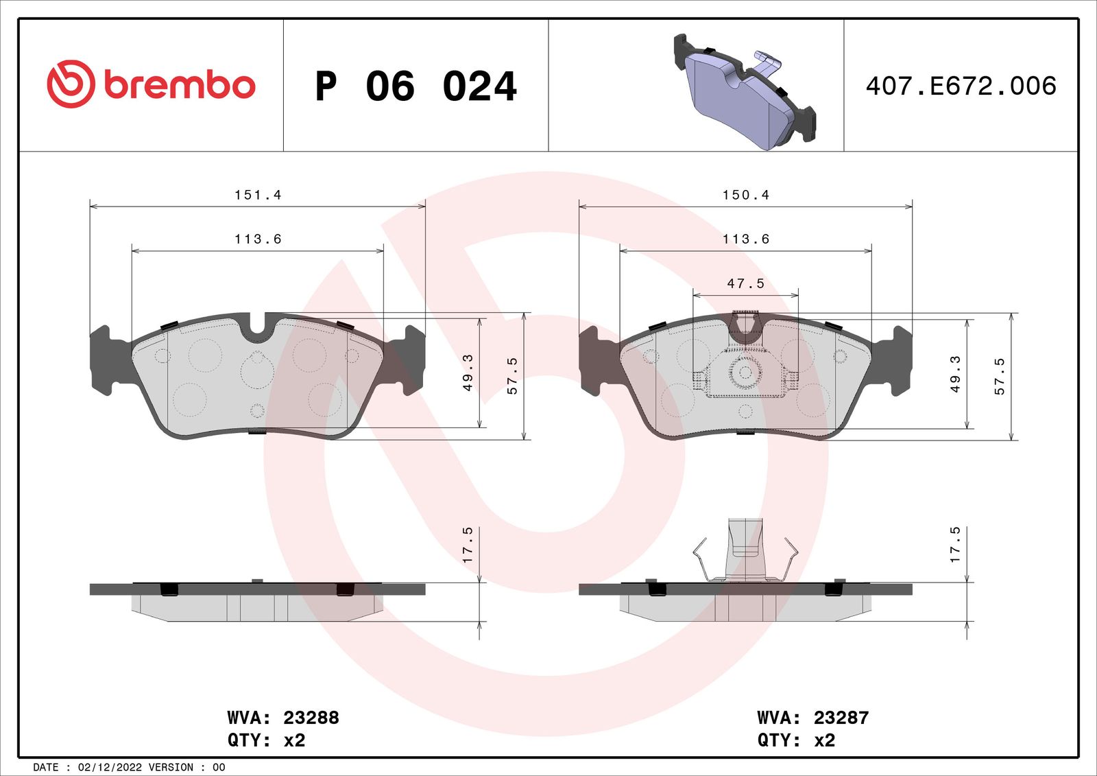 BREMBO P 06 024 - Bremsbelagsatz, Scheibenbremse