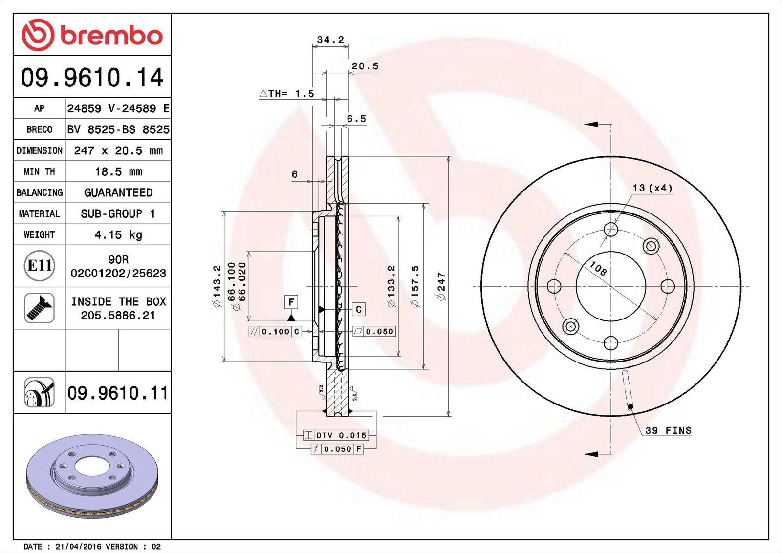BREMBO 09.9610.11 - Bremsscheibe