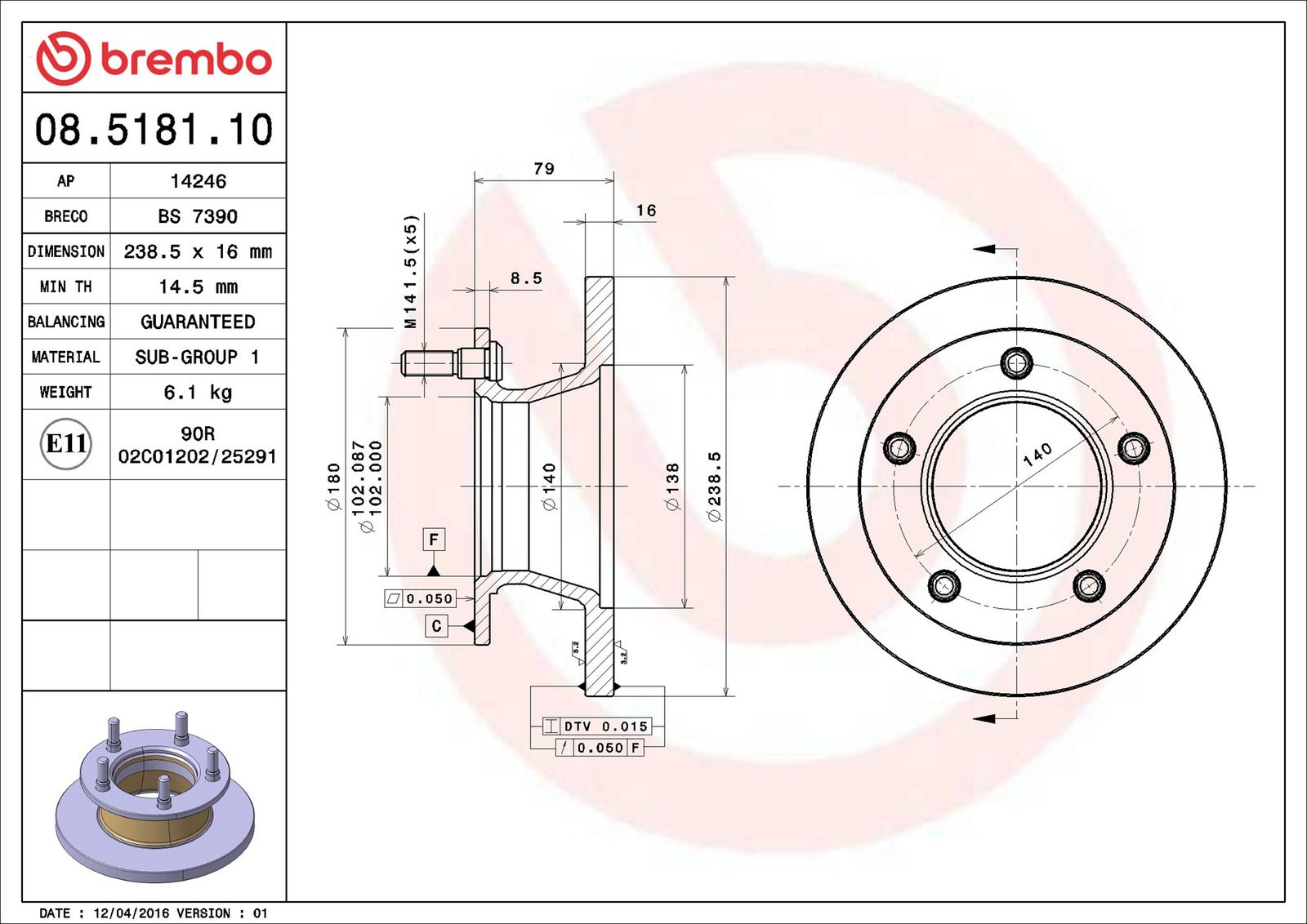BREMBO 08.5181.10 - Bremsscheibe