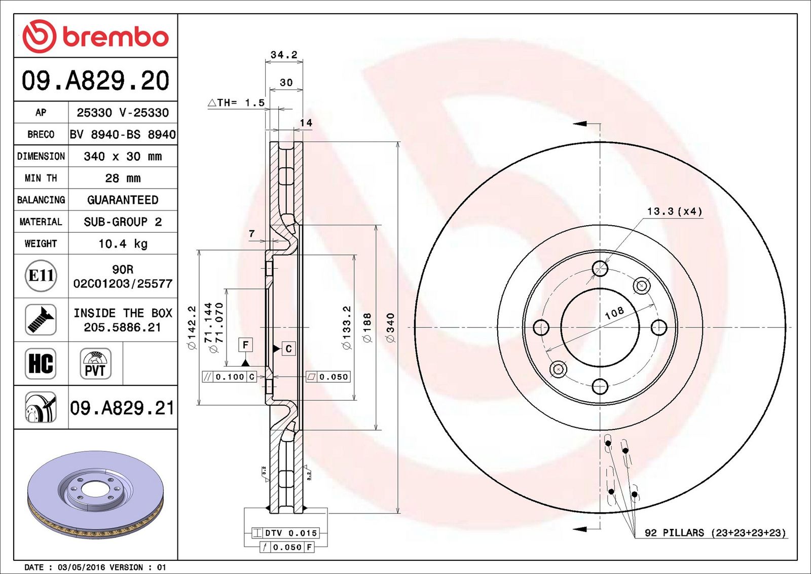 BREMBO 09.A829.21 - Bremsscheibe