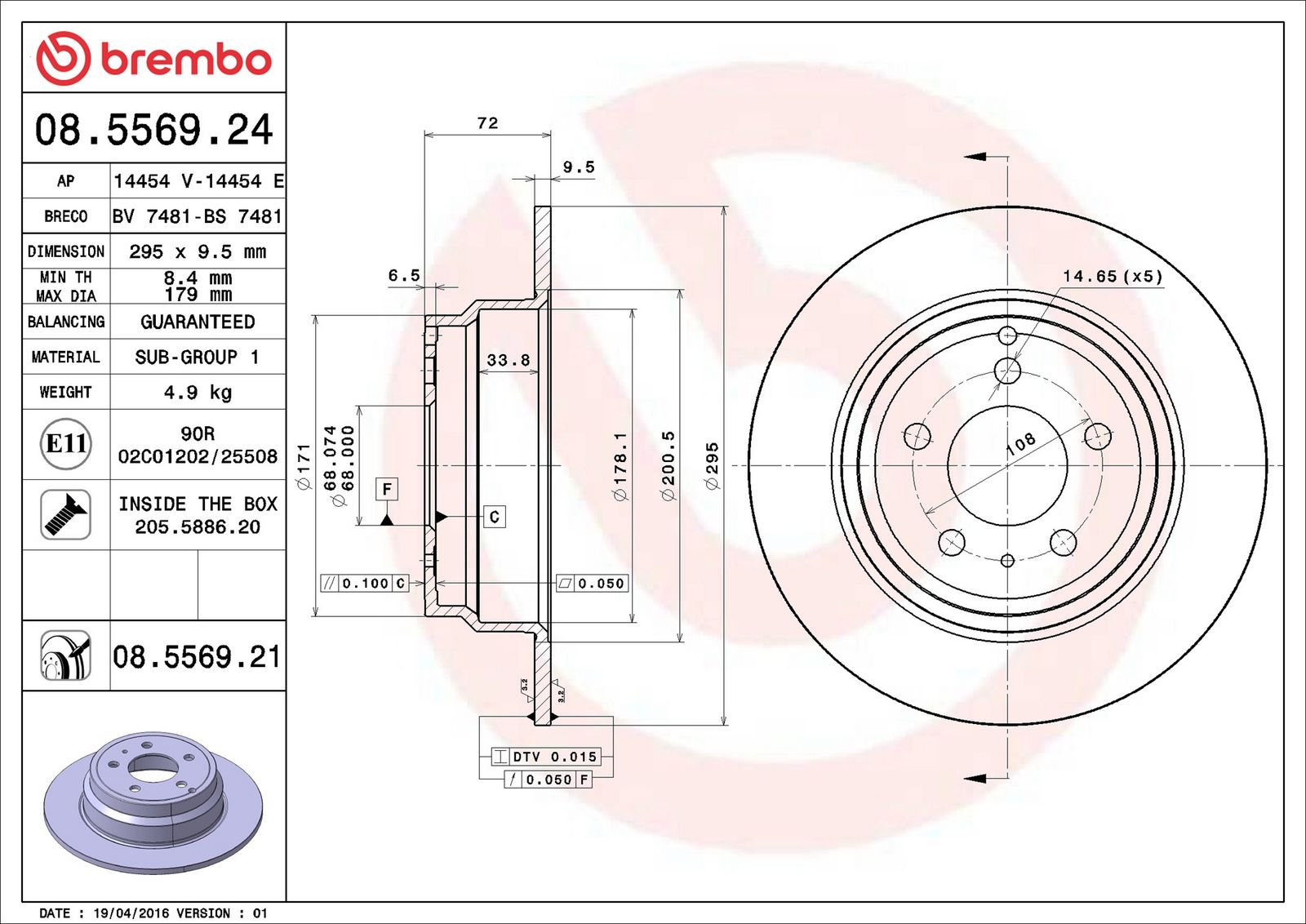 BREMBO 08.5569.21 - Bremsscheibe