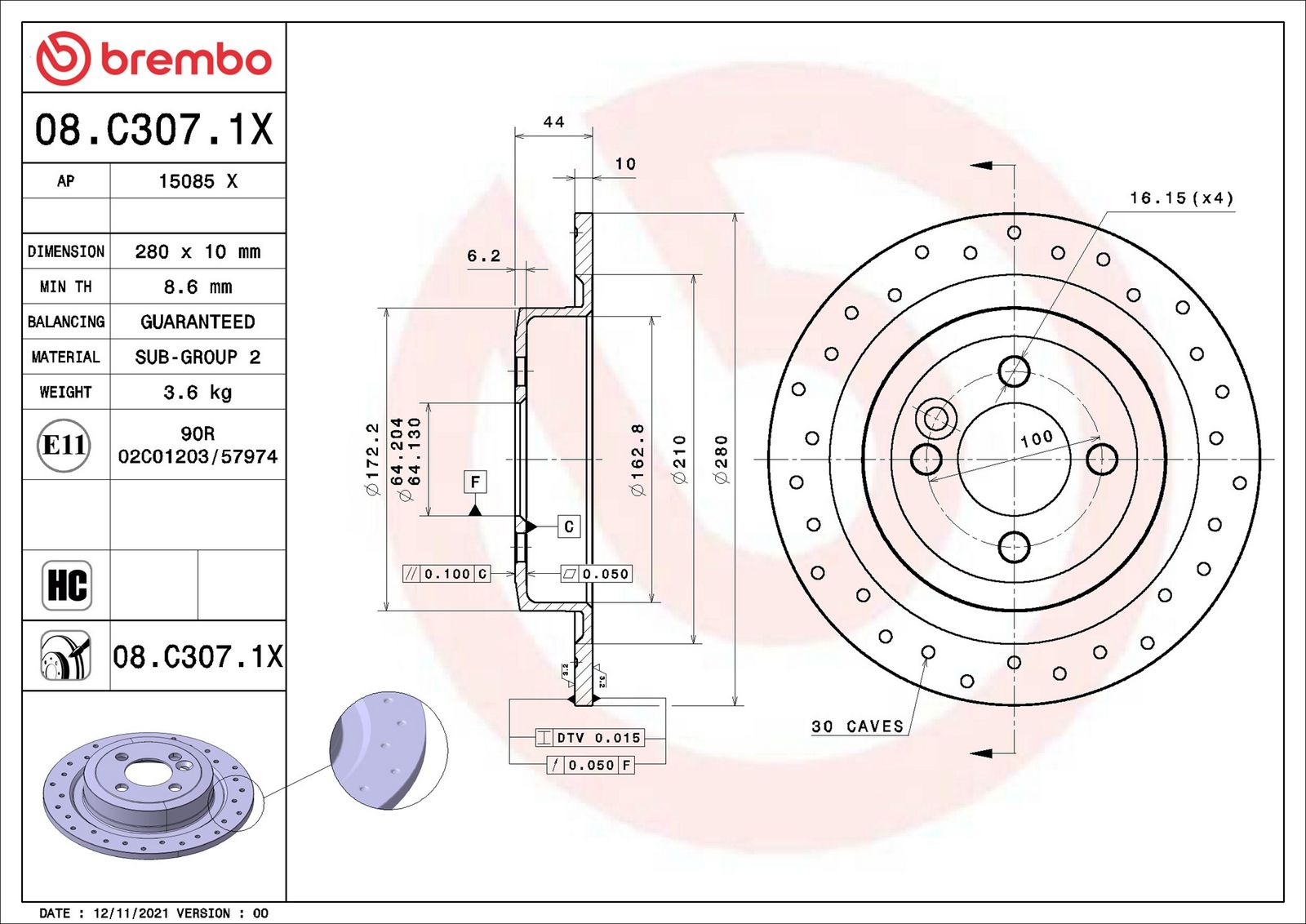 BREMBO 08.C307.1X - Bremsscheibe