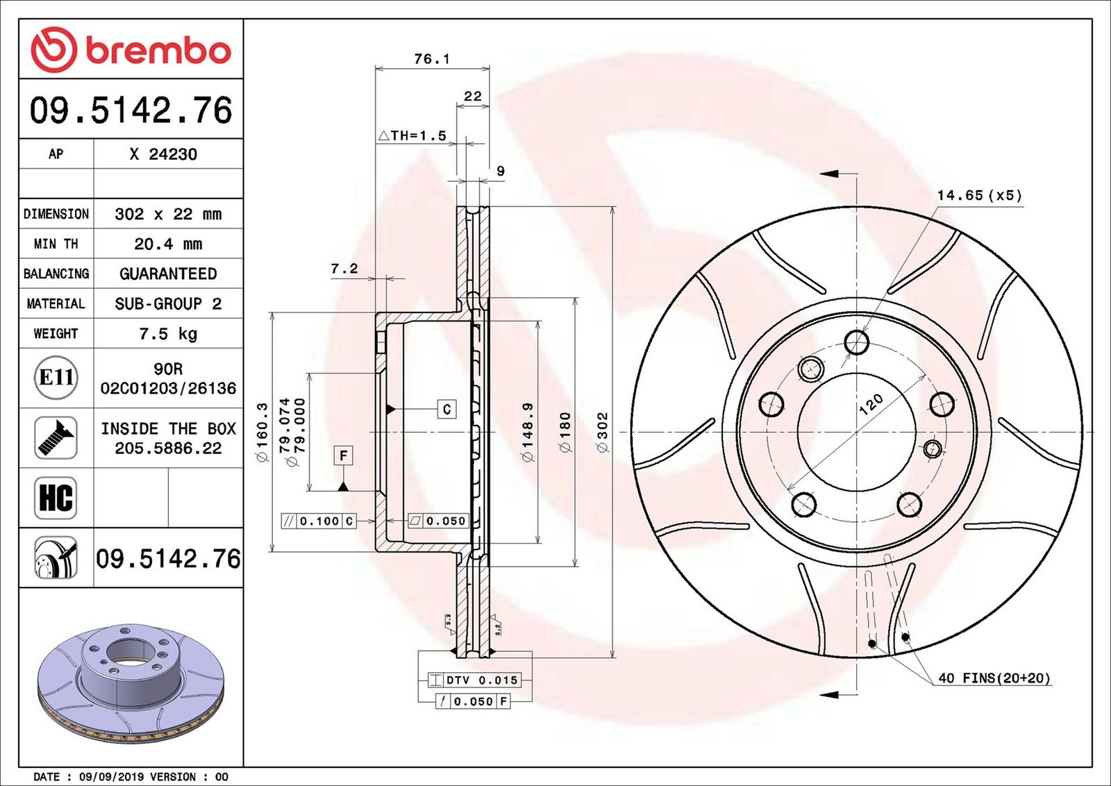 BREMBO 09.5142.76 - Bremsscheibe