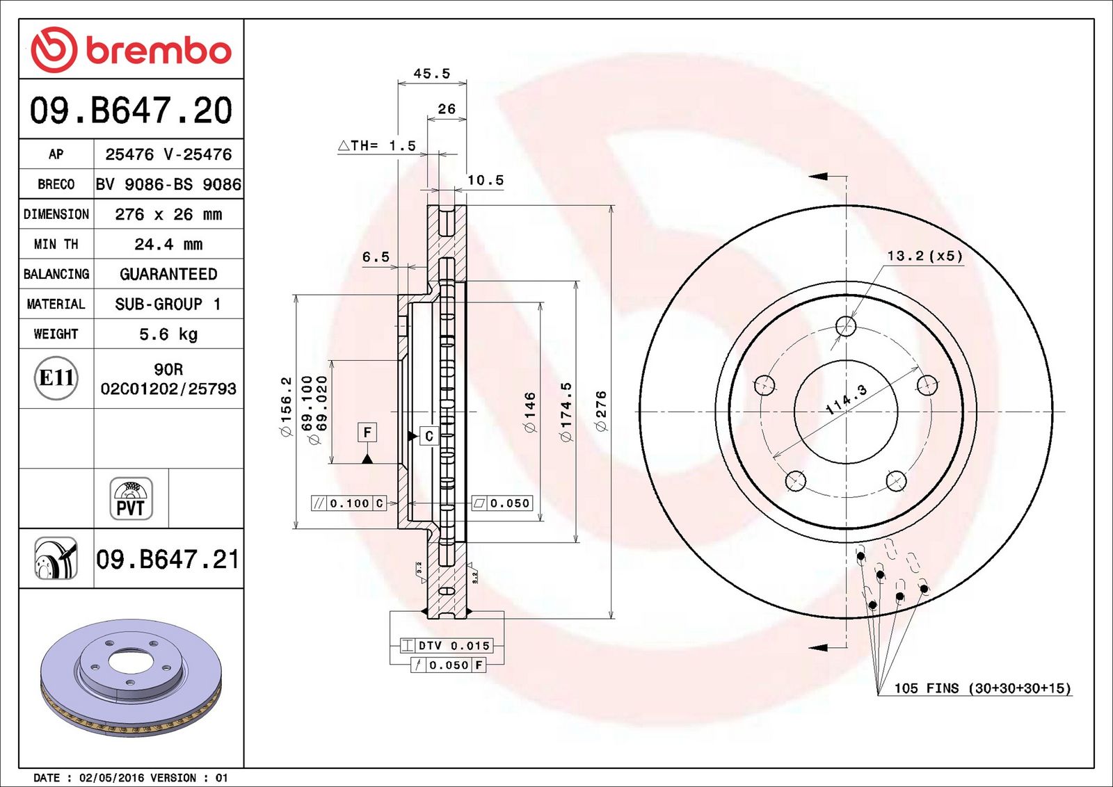BREMBO 09.B647.21 - Bremsscheibe