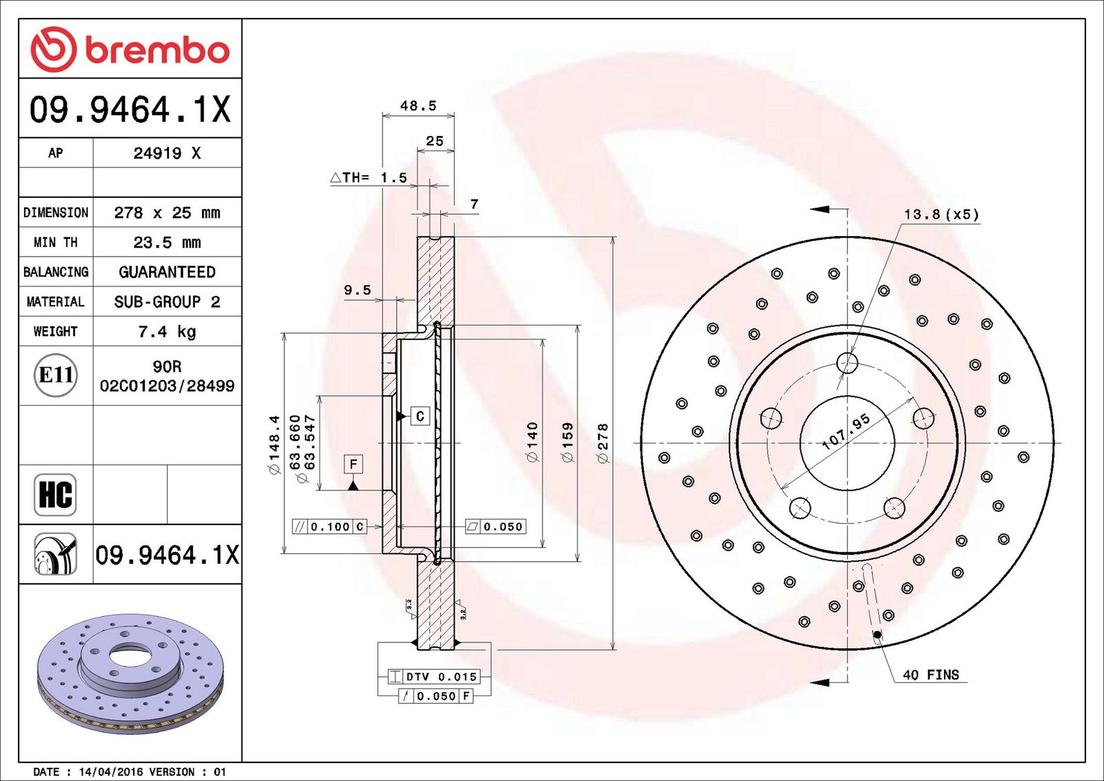 BREMBO 09.9464.1X - Bremsscheibe