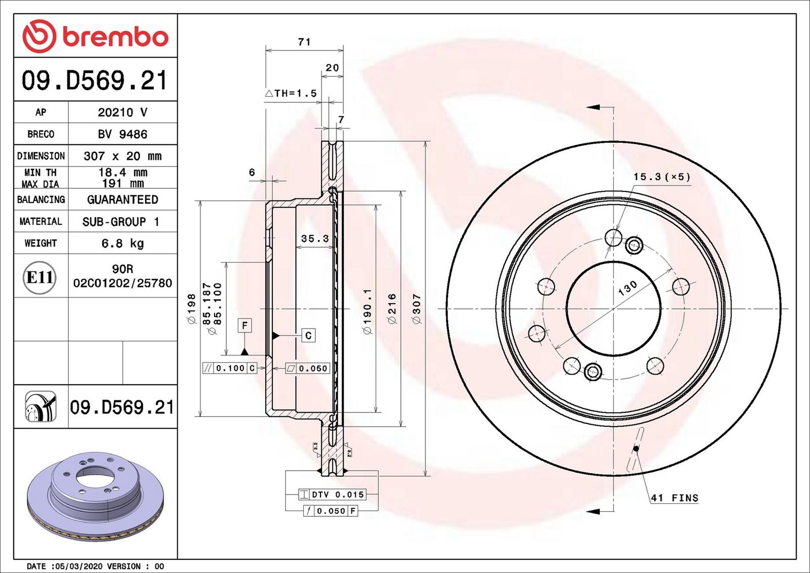 BREMBO 09.D569.21 - Bremsscheibe