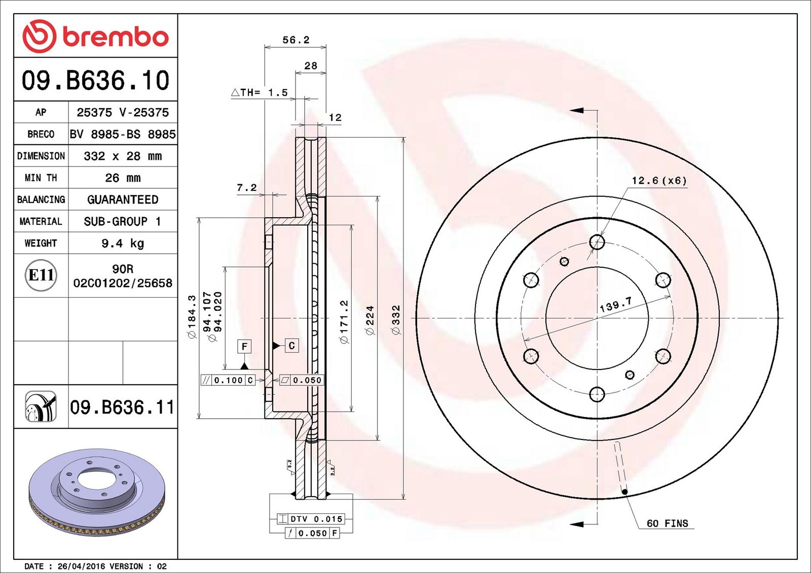 BREMBO 09.B636.11 - Bremsscheibe
