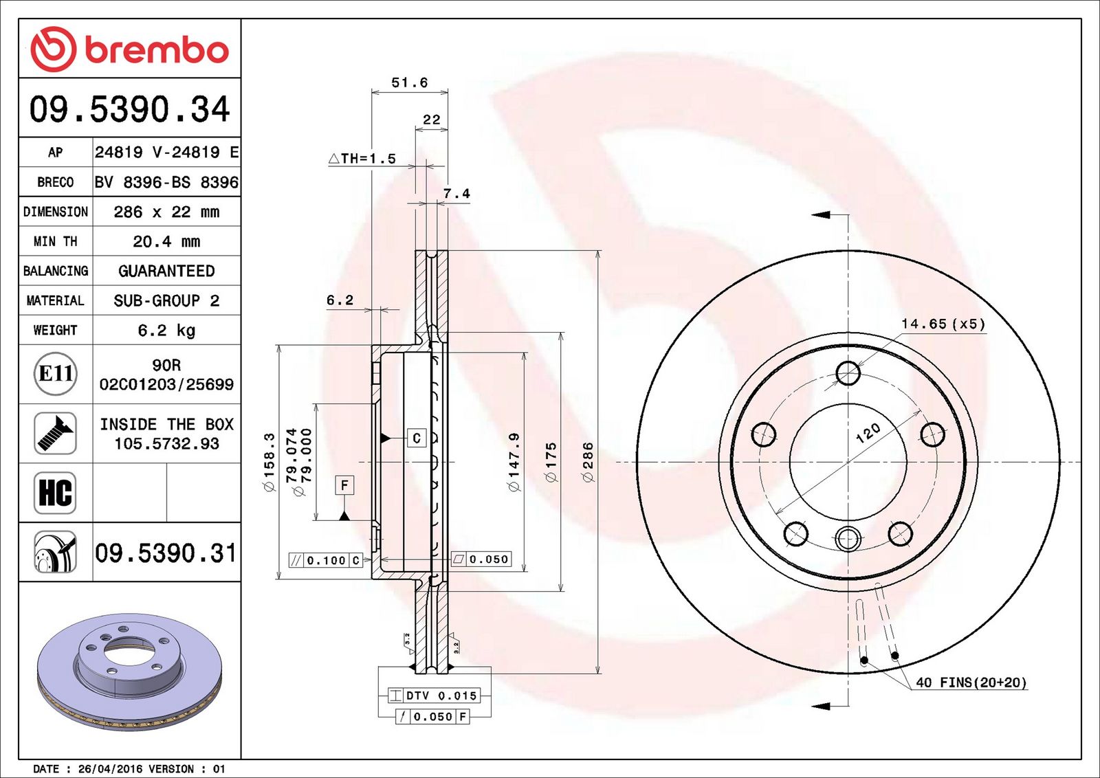 BREMBO 09.5390.31 - Bremsscheibe