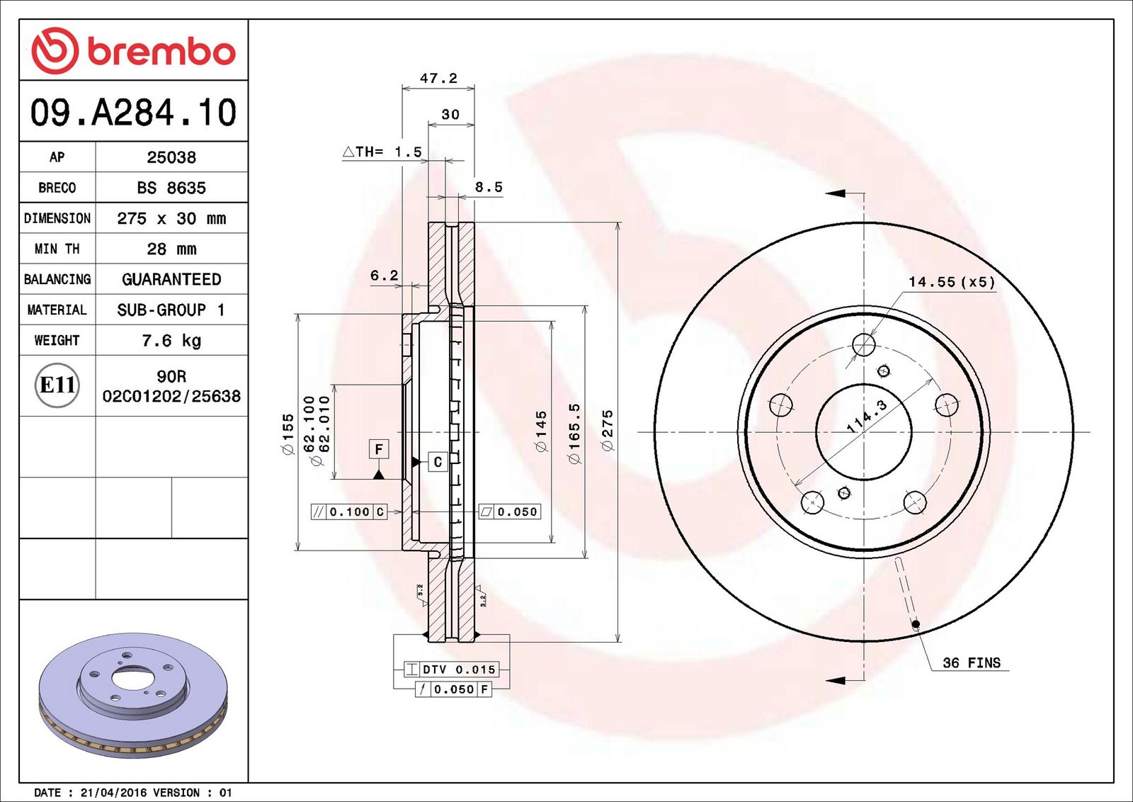 BREMBO 09.A284.10 - Bremsscheibe