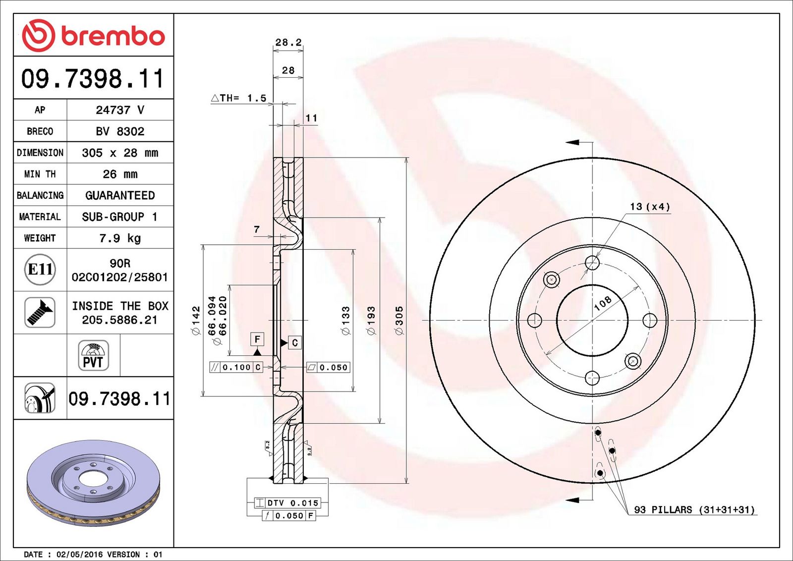 BREMBO 09.7398.11 - Bremsscheibe