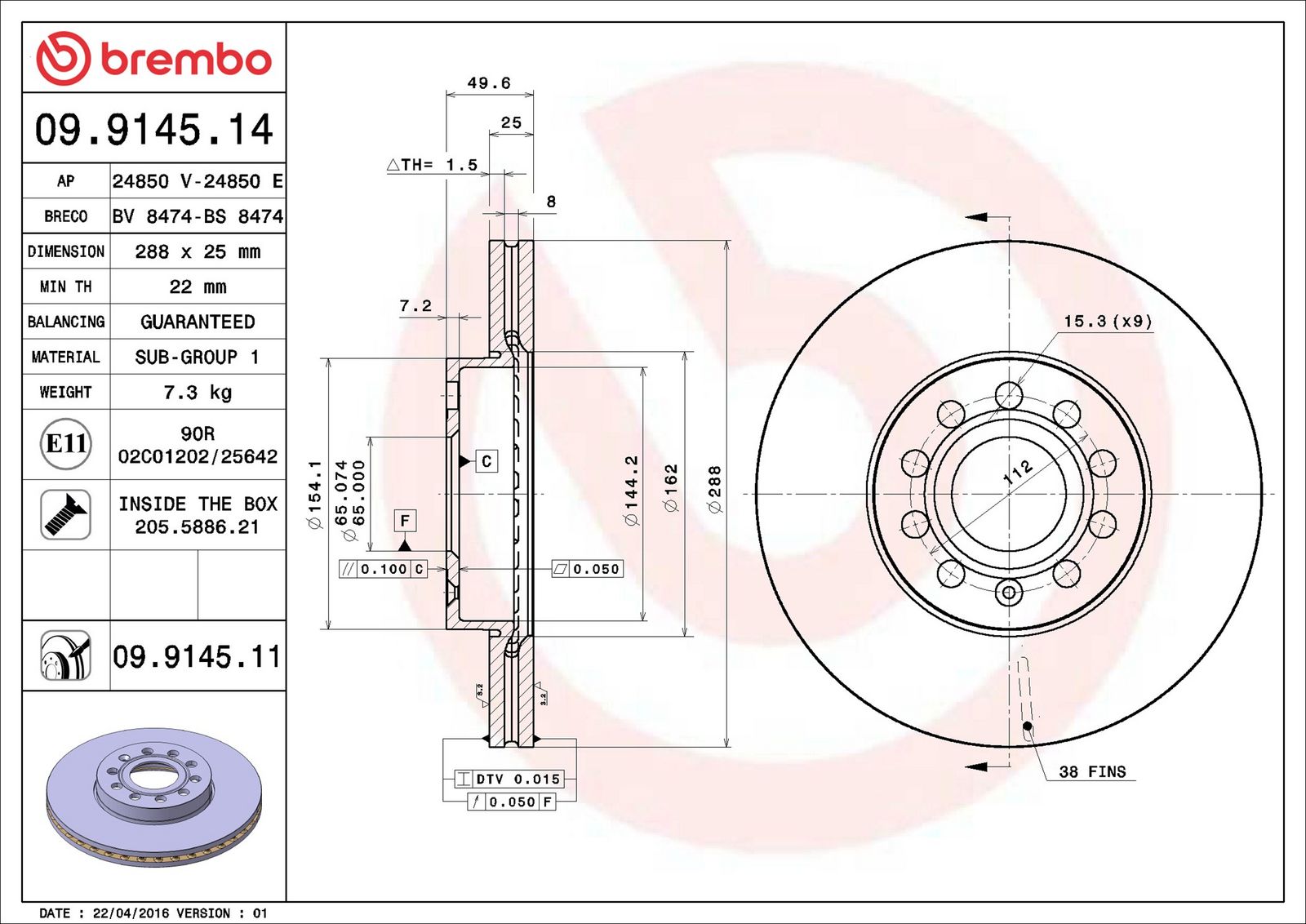 BREMBO 09.9145.11 - Bremsscheibe
