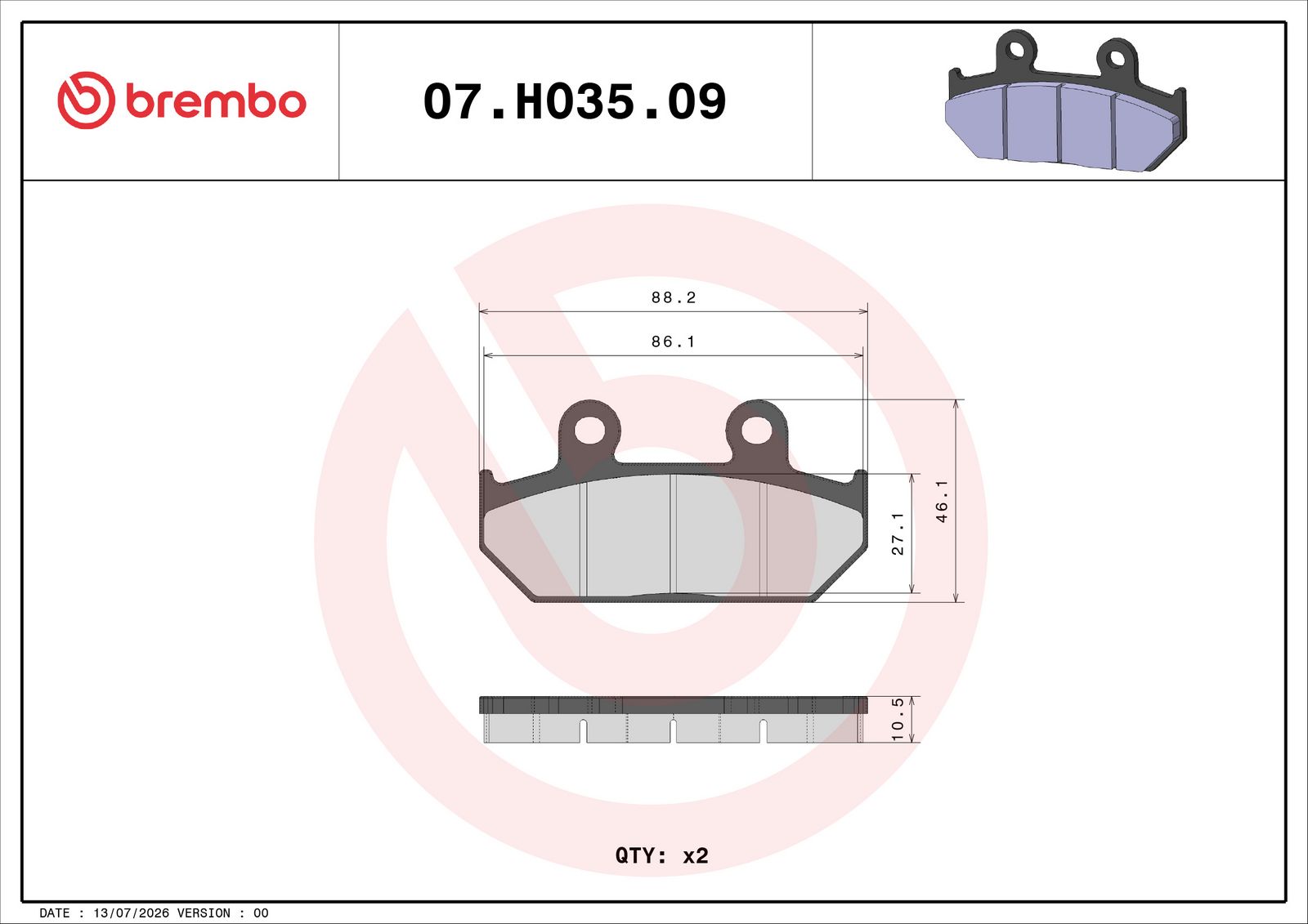 BREMBO 07HO3509 - Bremsbelagsatz, Scheibenbremse