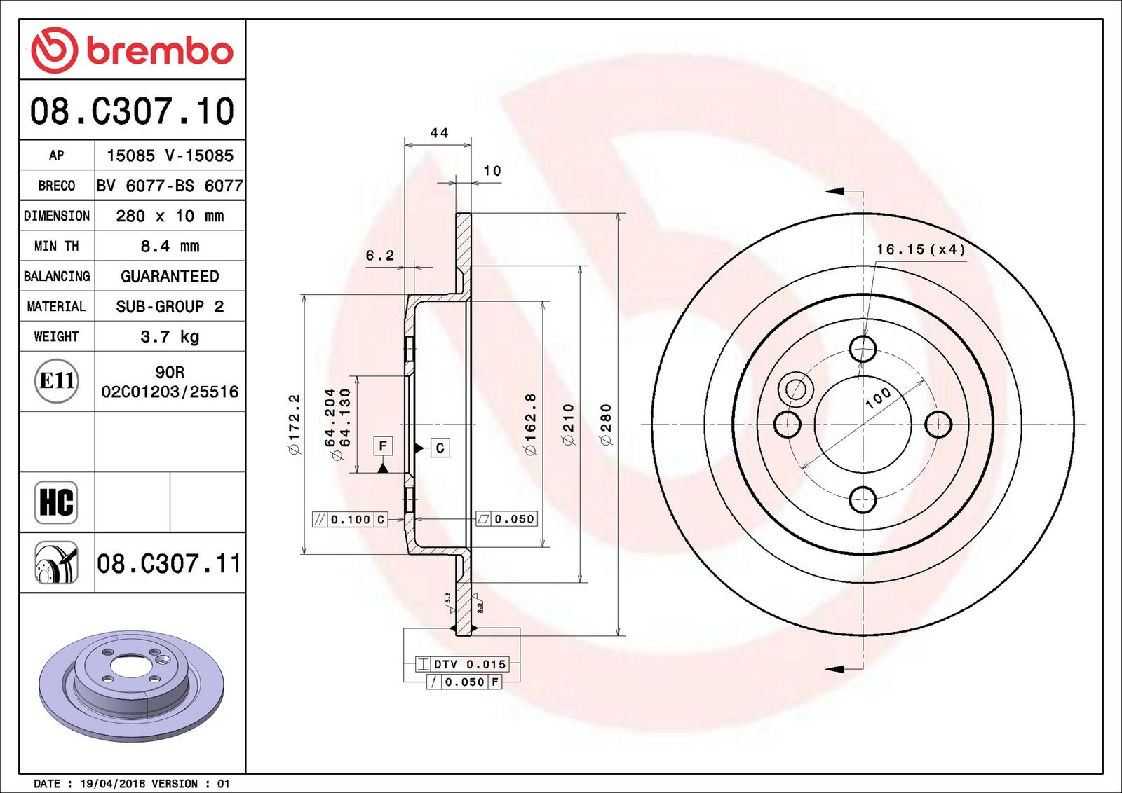 BREMBO 08.C307.11 - Bremsscheibe