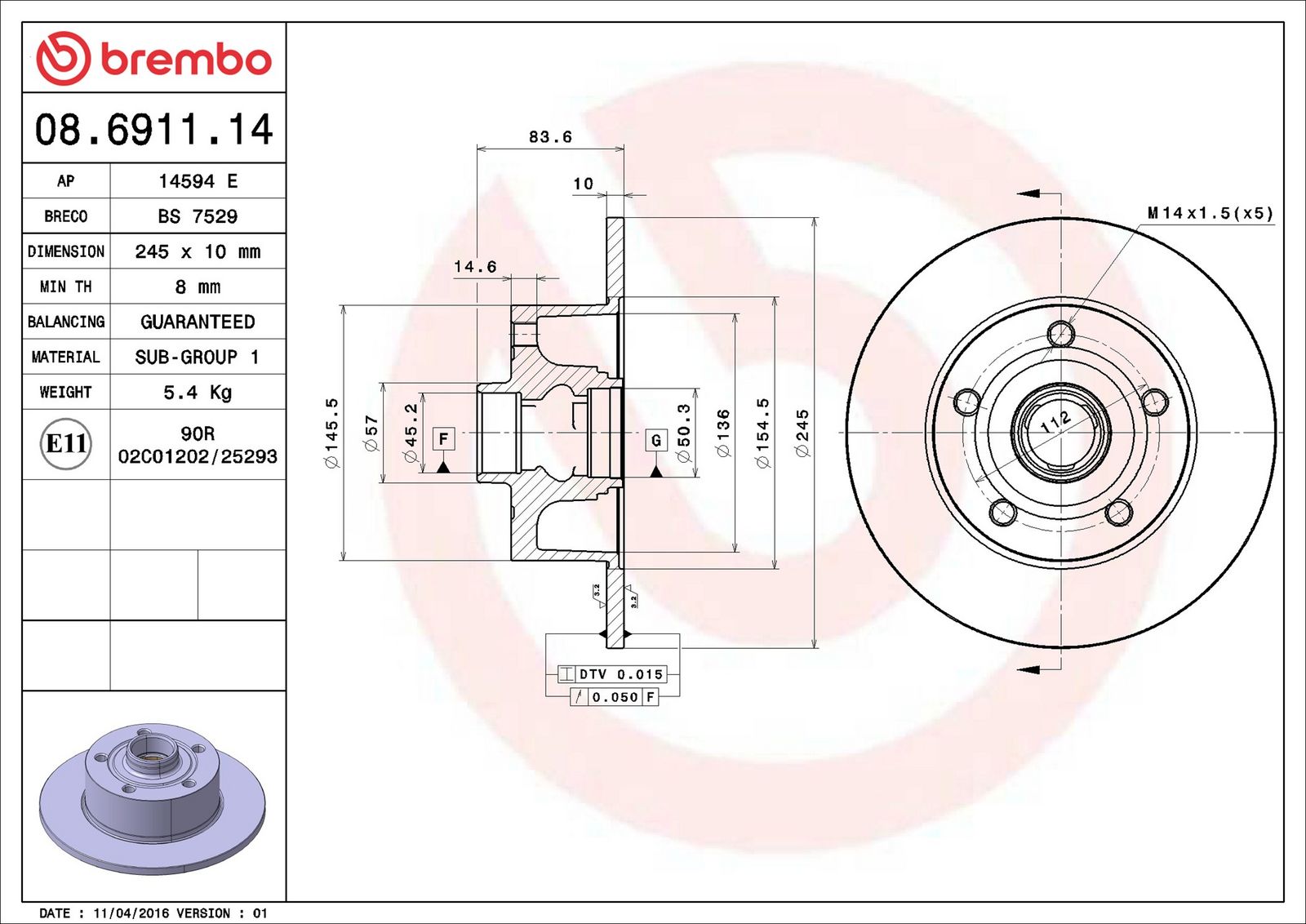 BREMBO 08.6911.14 - Bremsscheibe