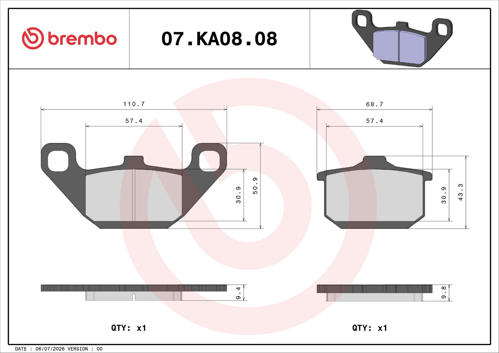 BREMBO 07KA0808 - Bremsbelagsatz, Scheibenbremse