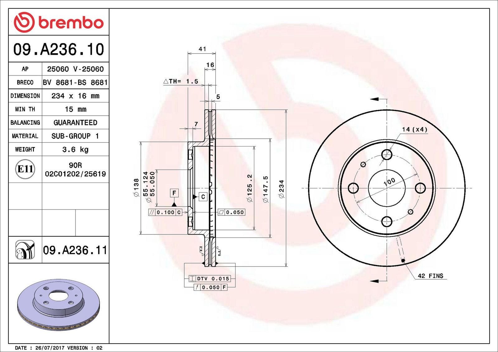 BREMBO 09.A236.11 - Bremsscheibe
