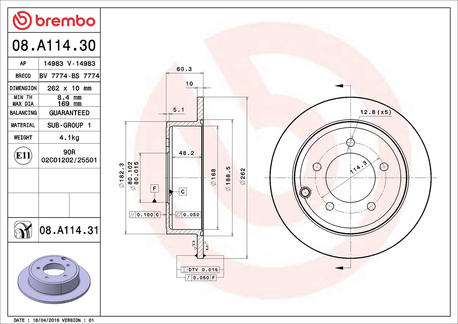 BREMBO 08.A114.31 - Bremsscheibe