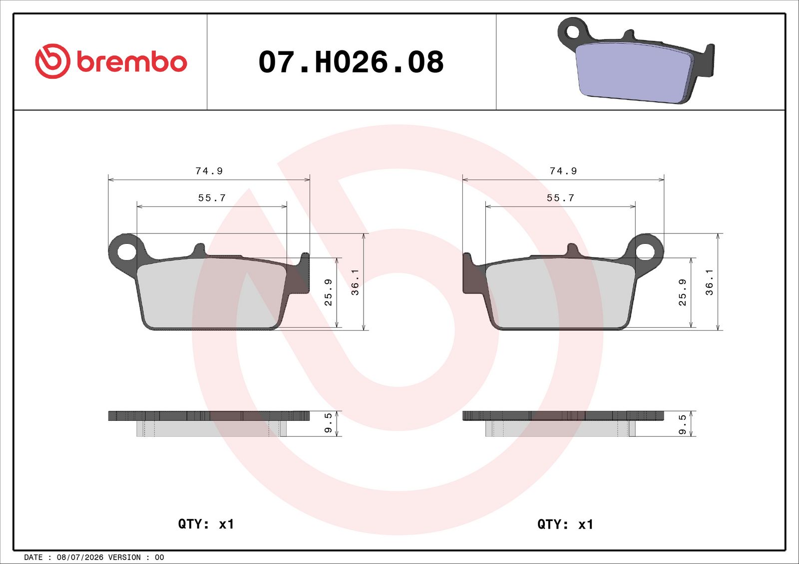 BREMBO 07HO2608 - Bremsbelagsatz, Scheibenbremse