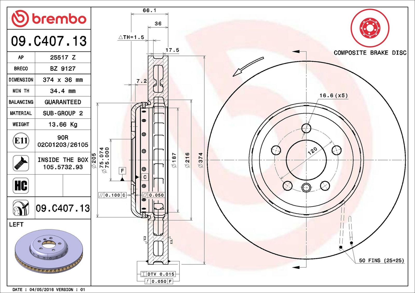 BREMBO 09.C407.13 - Bremsscheibe