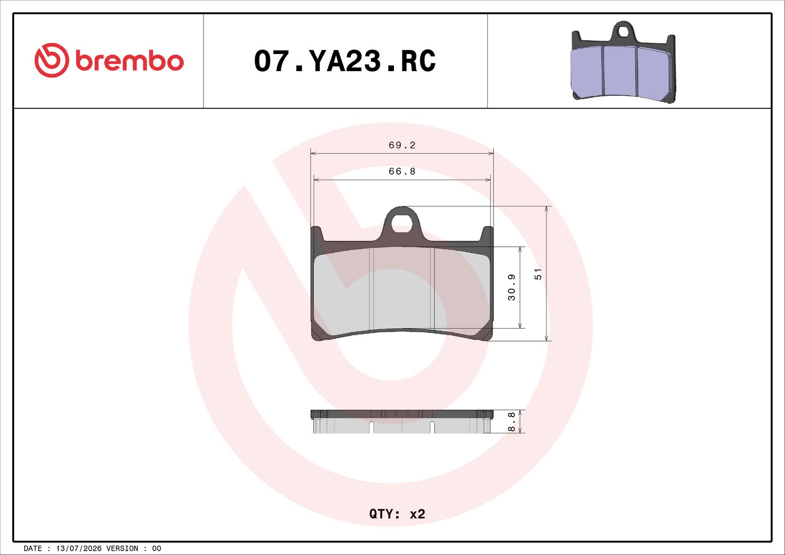 BREMBO 07YA23RC - Bremsbelagsatz, Scheibenbremse