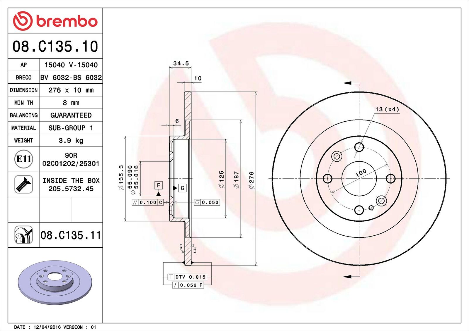 BREMBO 08.C135.11 - Bremsscheibe