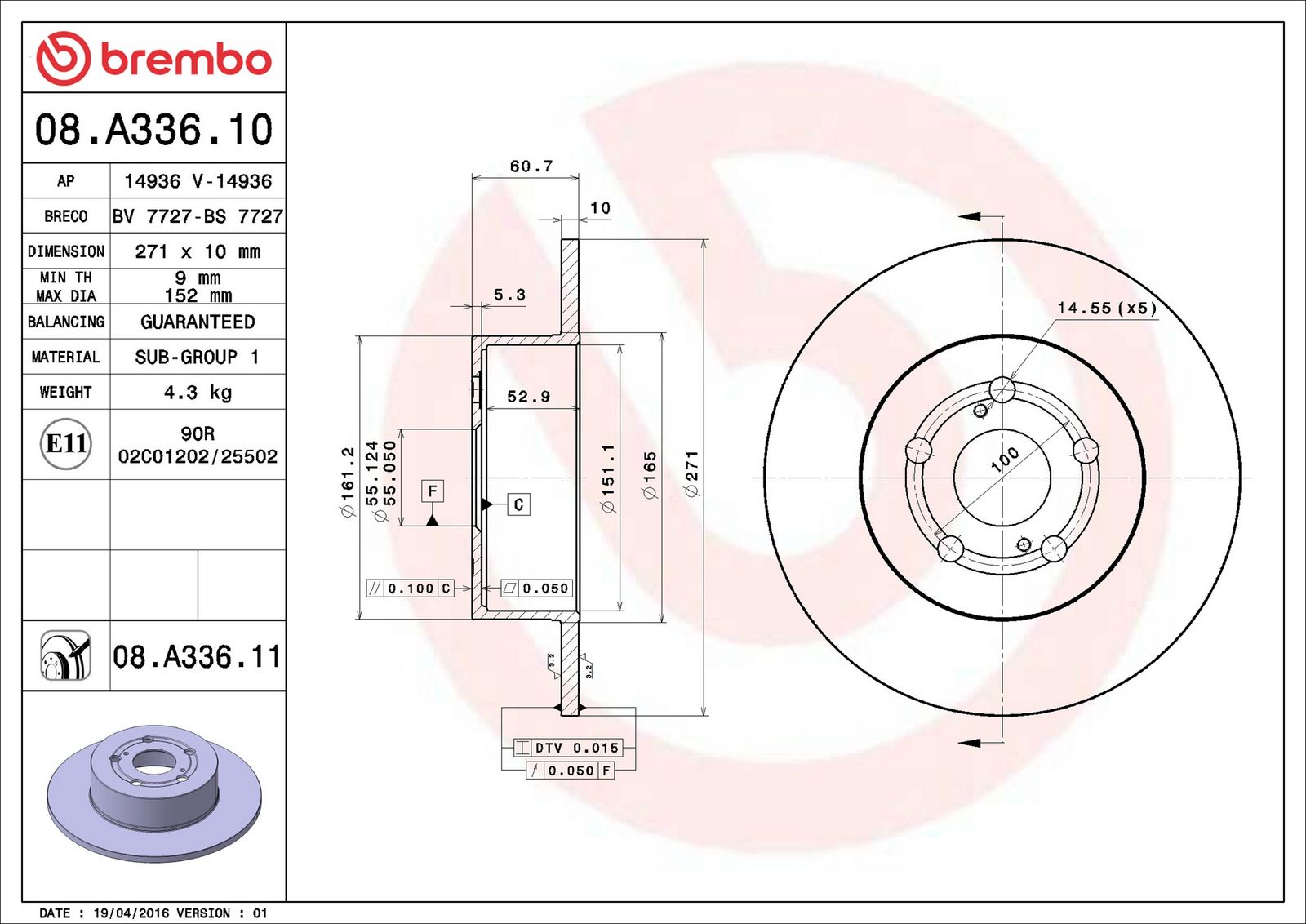 BREMBO 08.A336.11 - Bremsscheibe