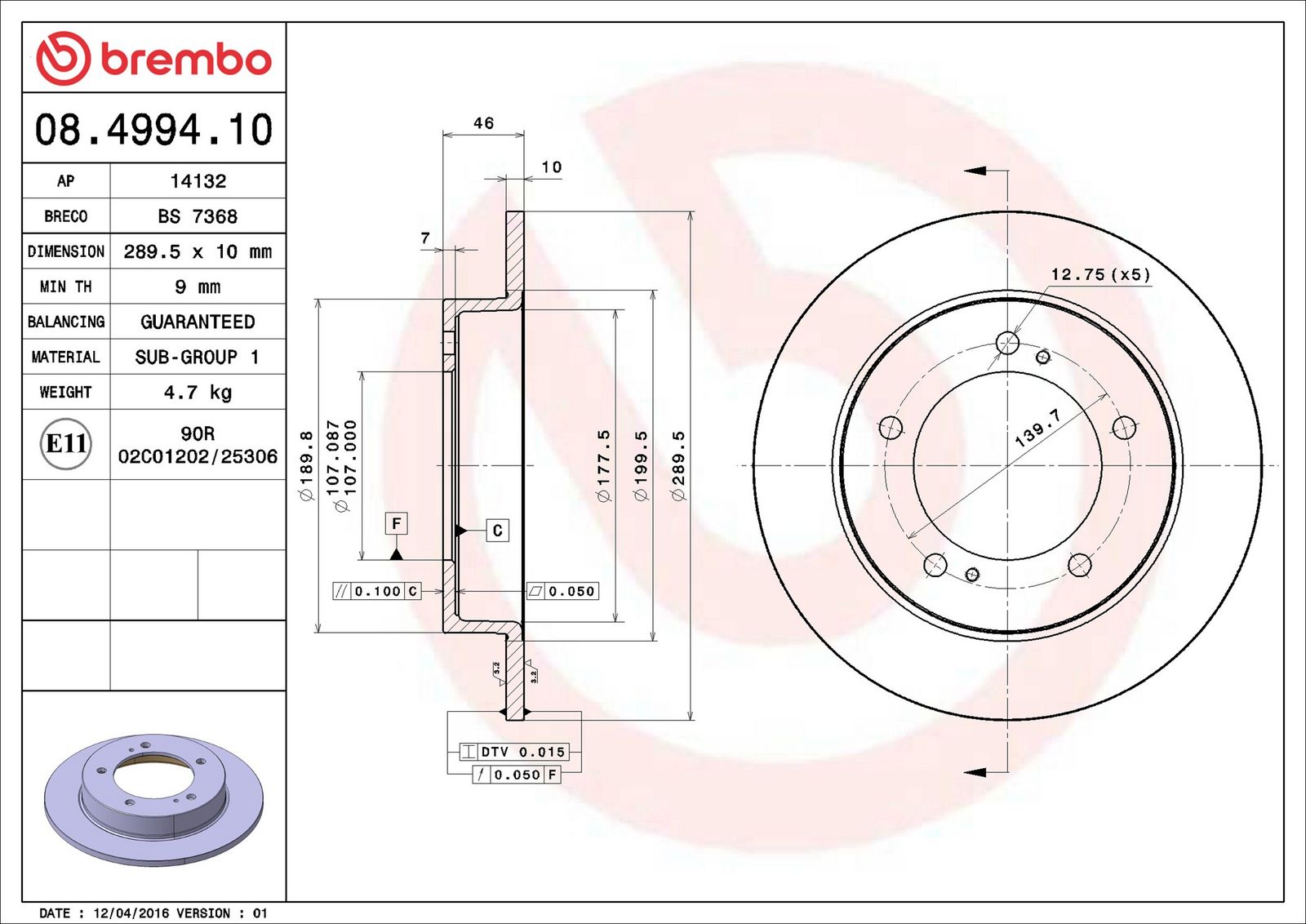 BREMBO 08.4994.10 - Bremsscheibe