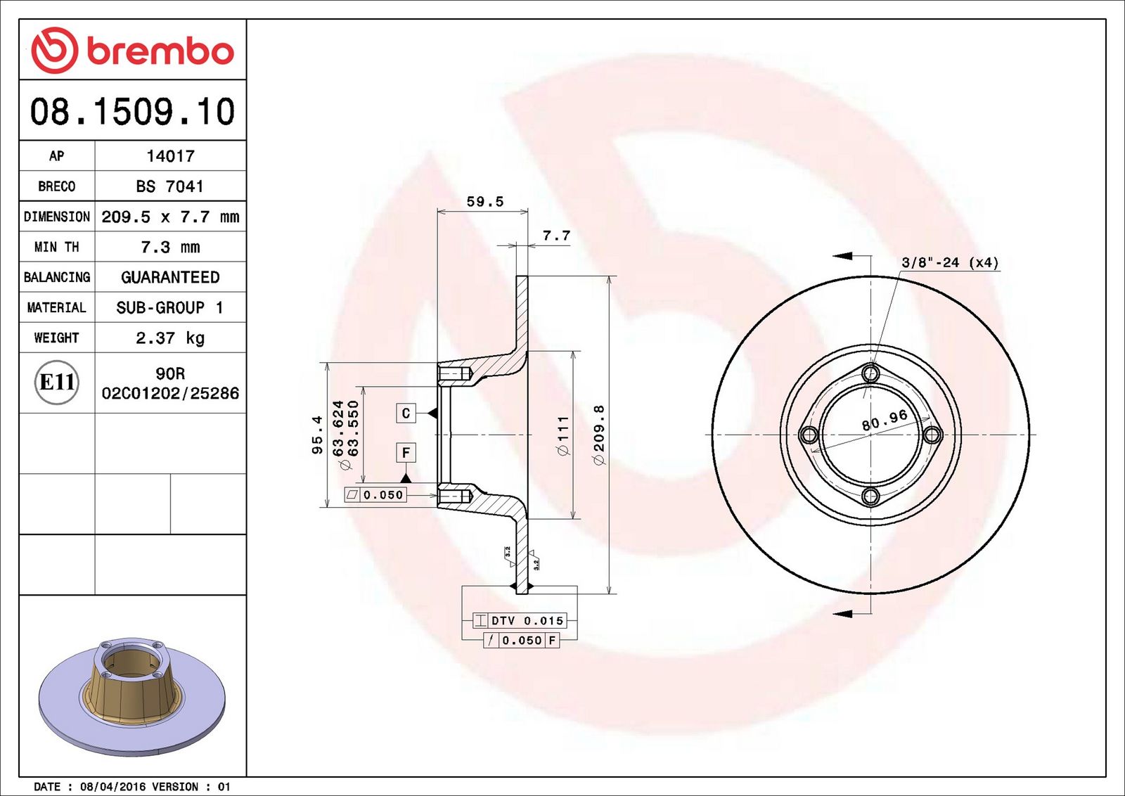 BREMBO 08.1509.10 - Bremsscheibe